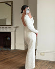 Vintage 90s Rope Embroidered Long Sleeve Open Back Wedding Dress