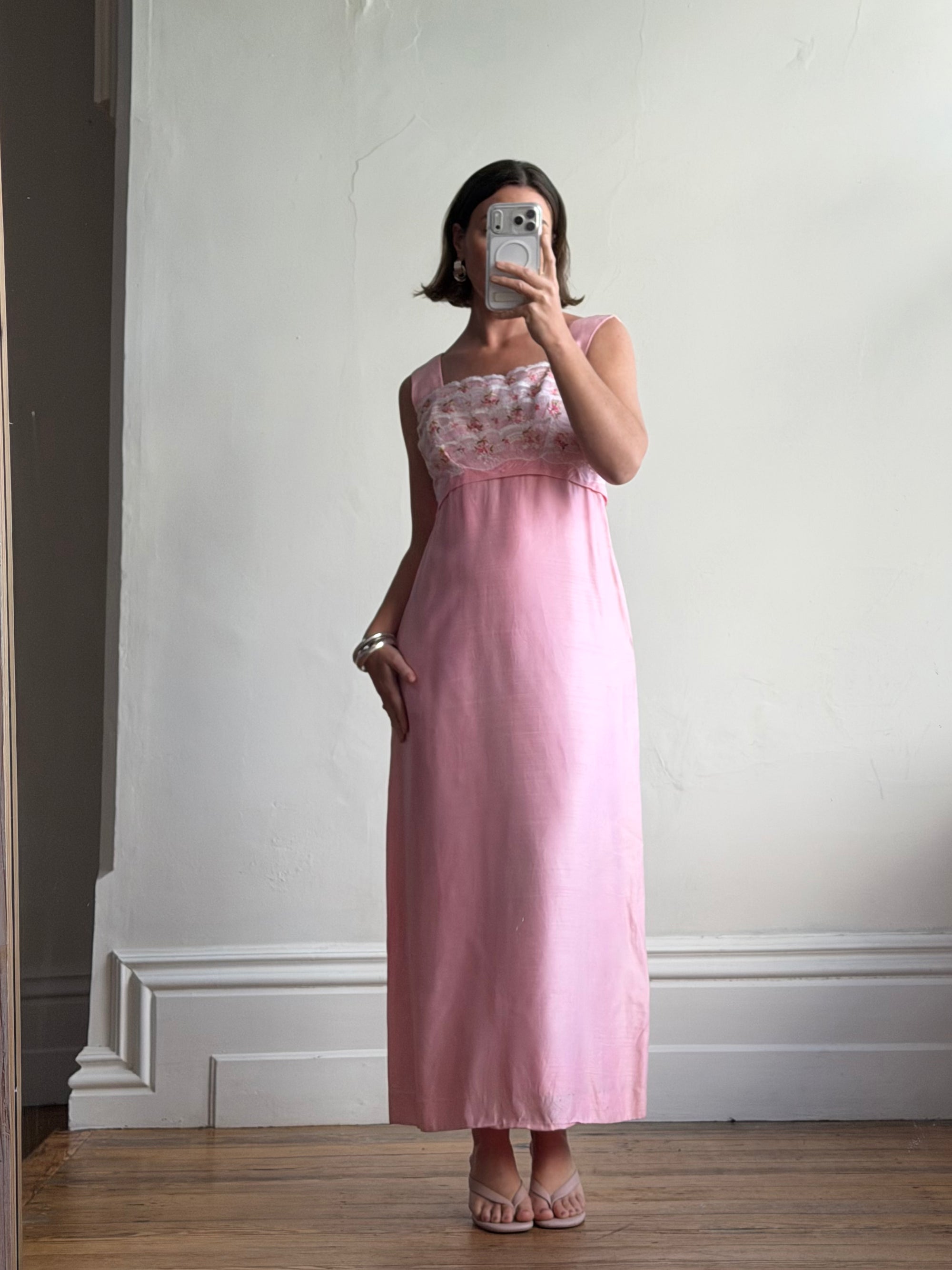 Vintage 60s Lace Ruffled Midi Dress Candy Pink