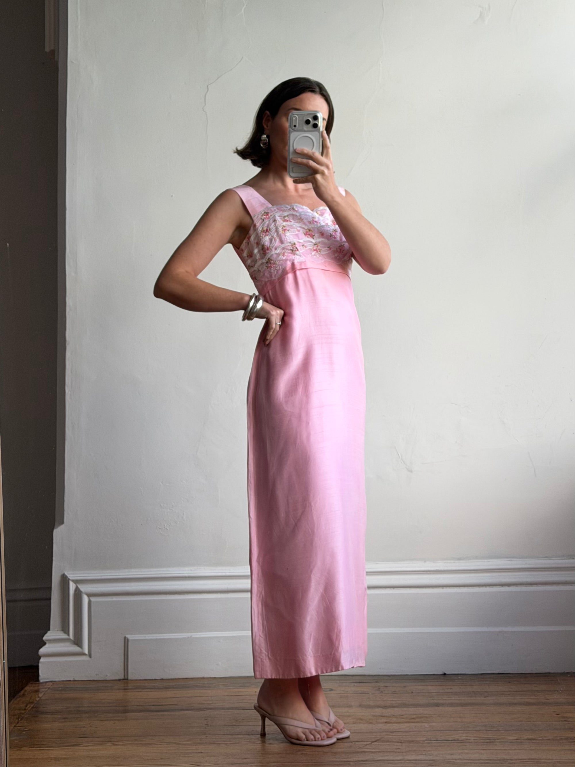 Vintage 60s Lace Ruffled Midi Dress Candy Pink