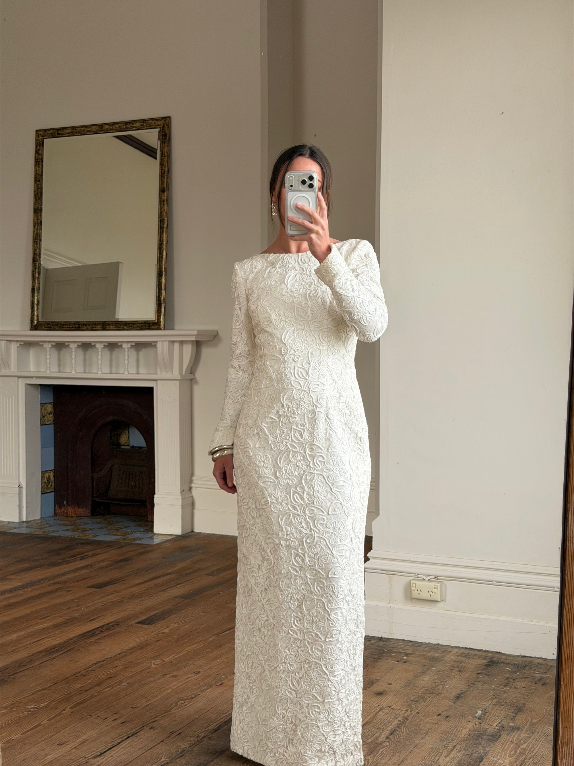 Vintage 90s Rope Embroidered Long Sleeve Open Back Wedding Dress