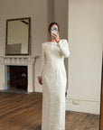 Vintage 90s Rope Embroidered Long Sleeve Open Back Wedding Dress