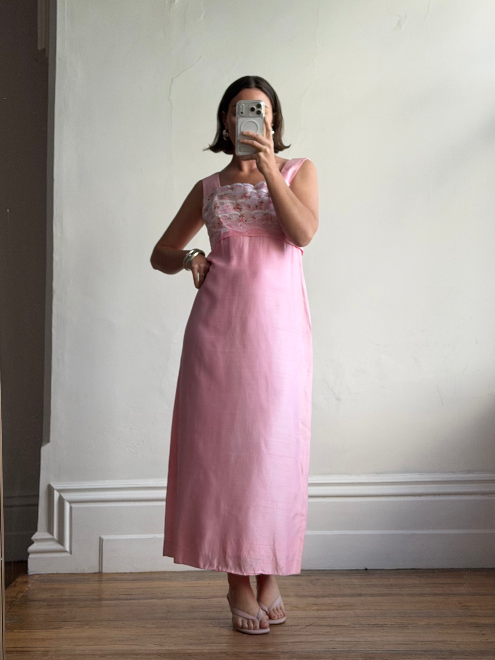 Vintage 60s Lace Ruffled Midi Dress Candy Pink
