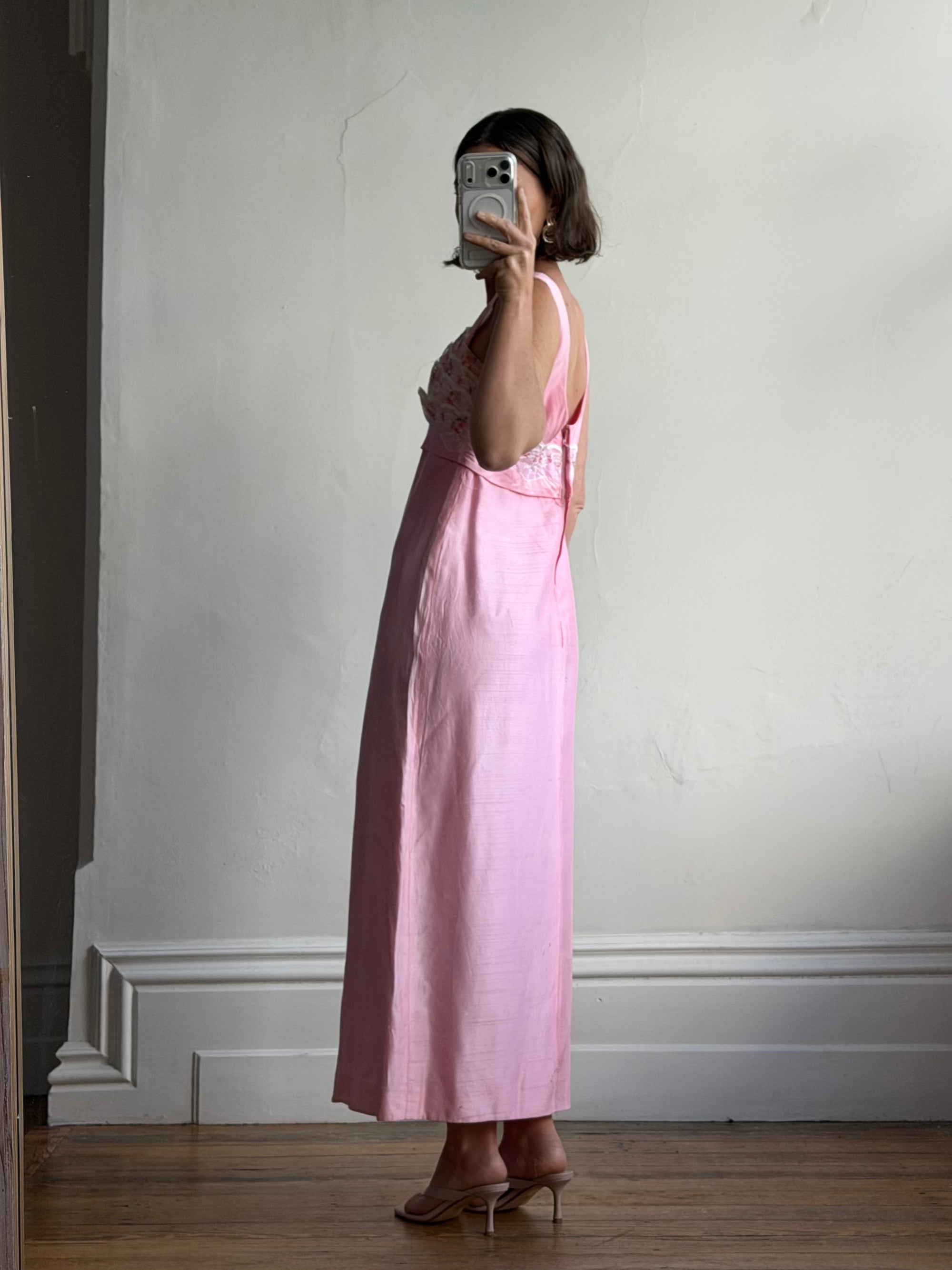 Vintage 60s Lace Ruffled Midi Dress Candy Pink