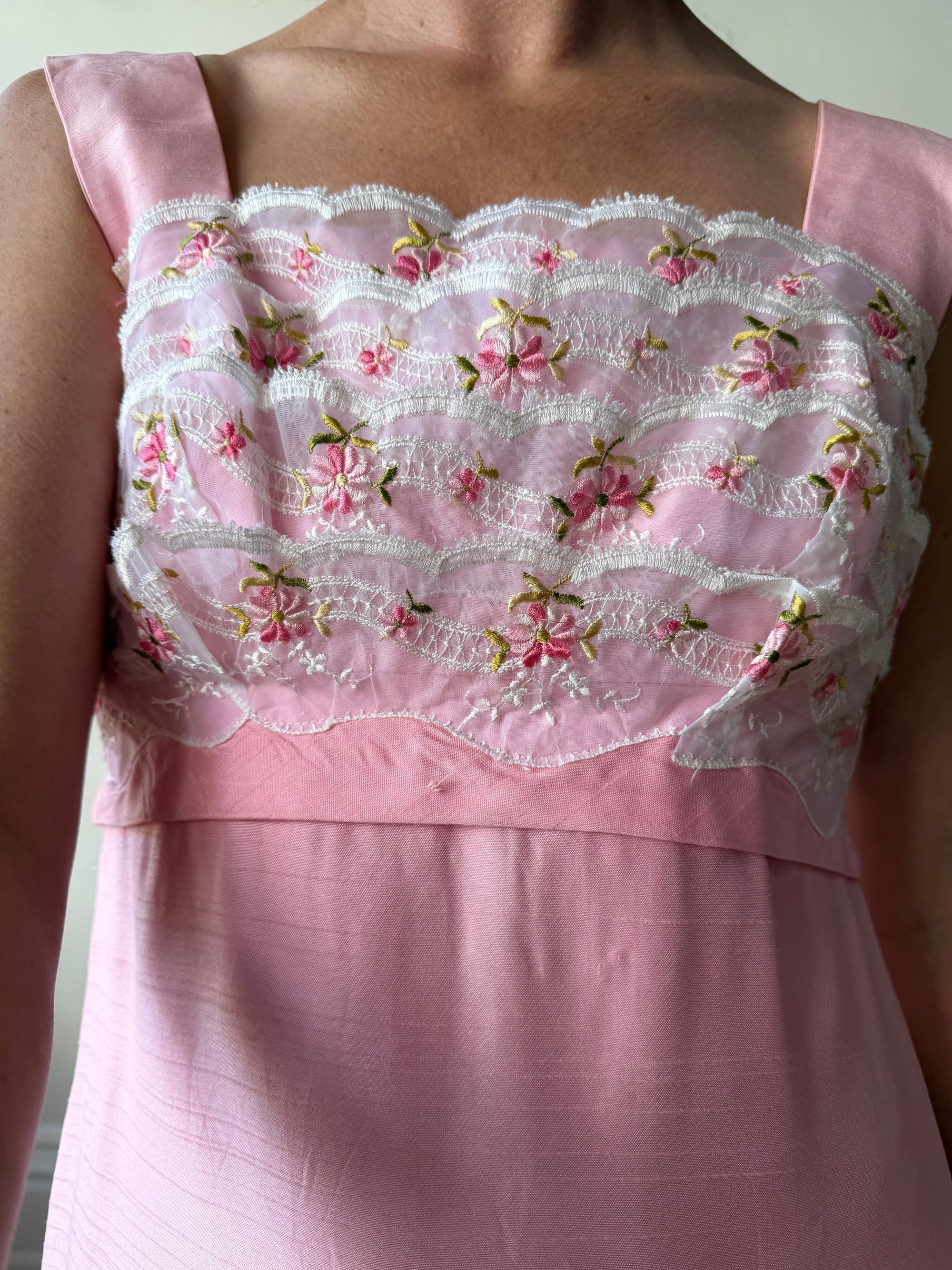 Vintage 60s Lace Ruffled Midi Dress Candy Pink