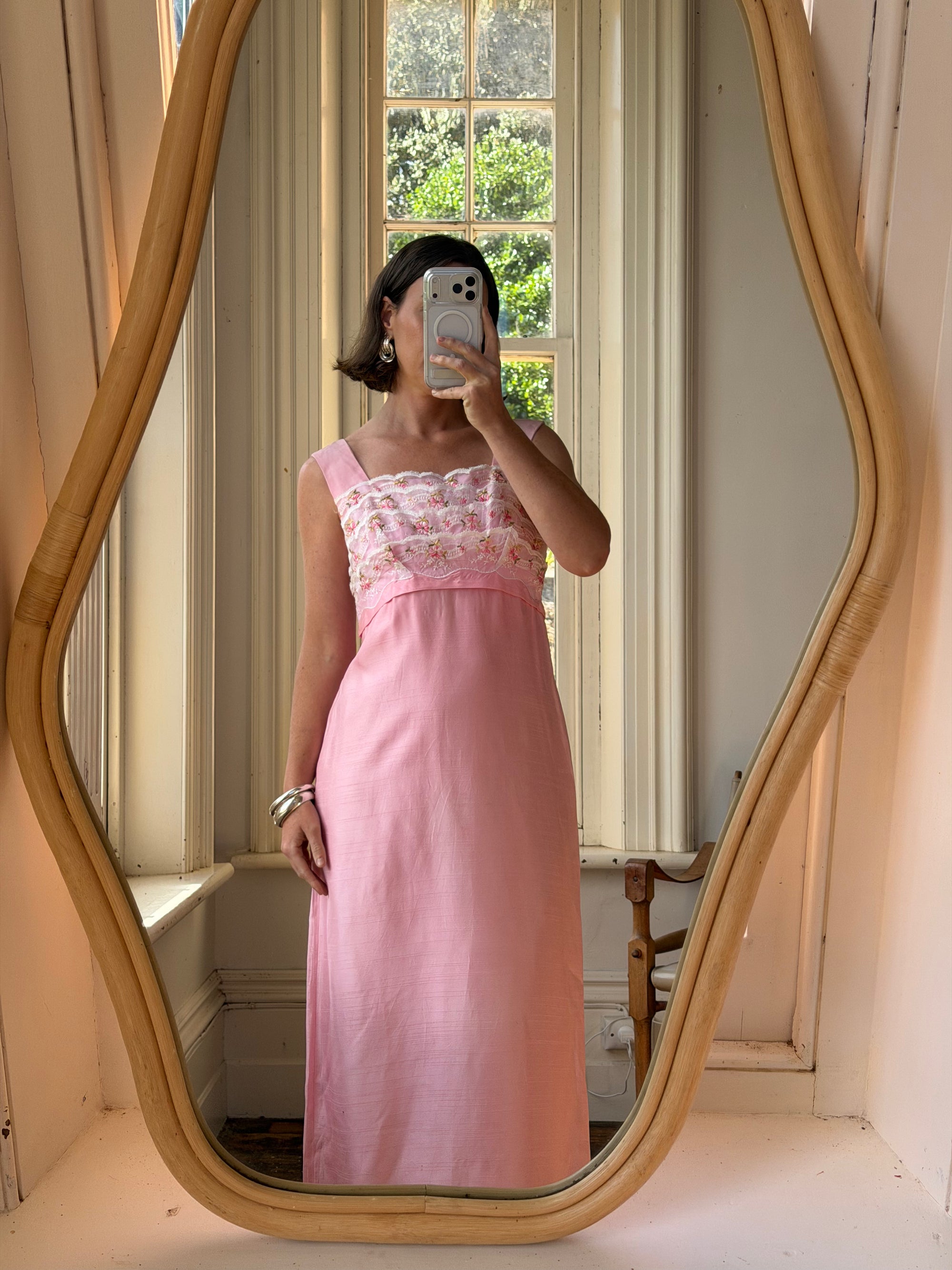 Vintage 60s Lace Ruffled Midi Dress Candy Pink