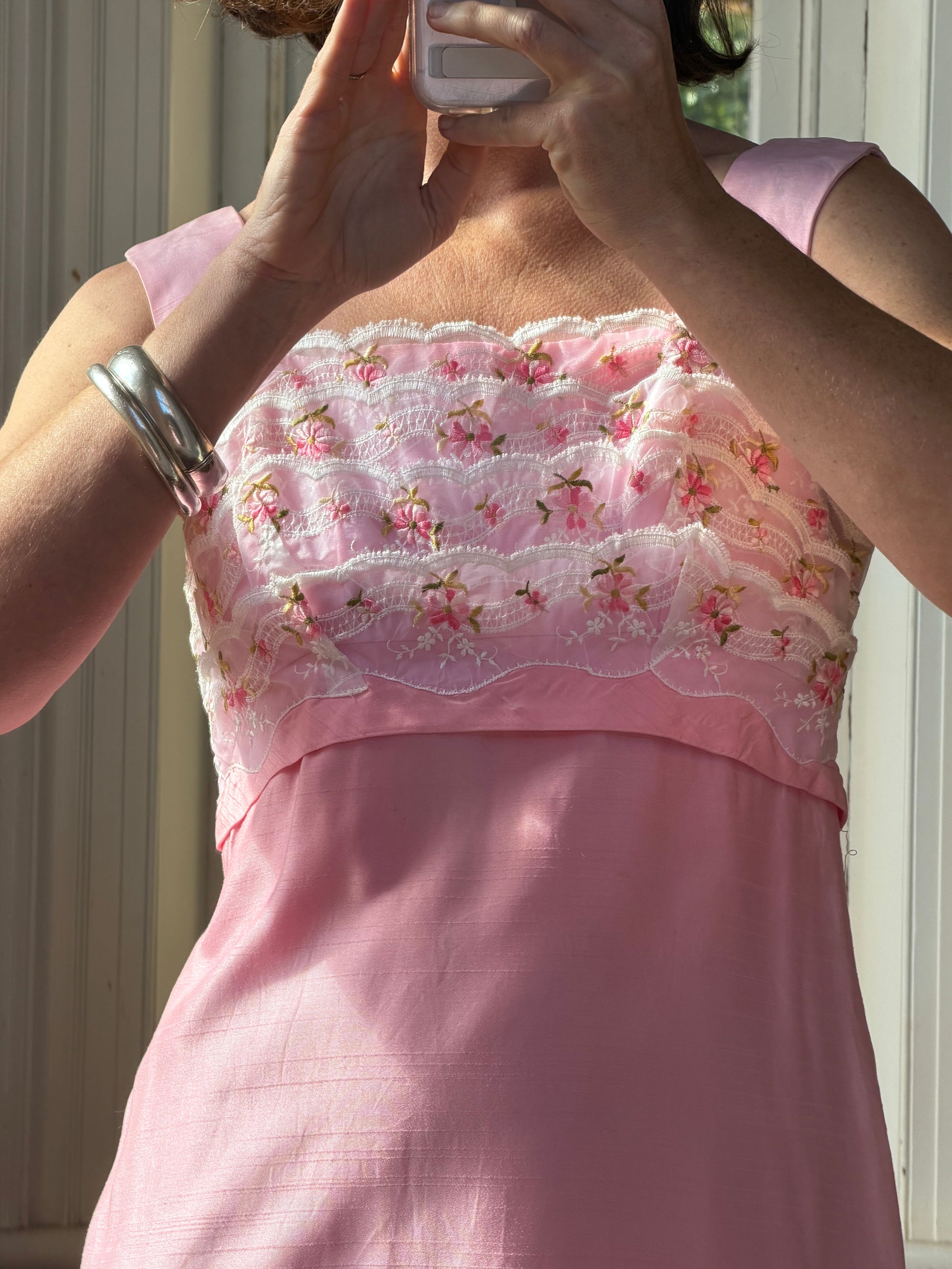 Vintage 60s Lace Ruffled Midi Dress Candy Pink