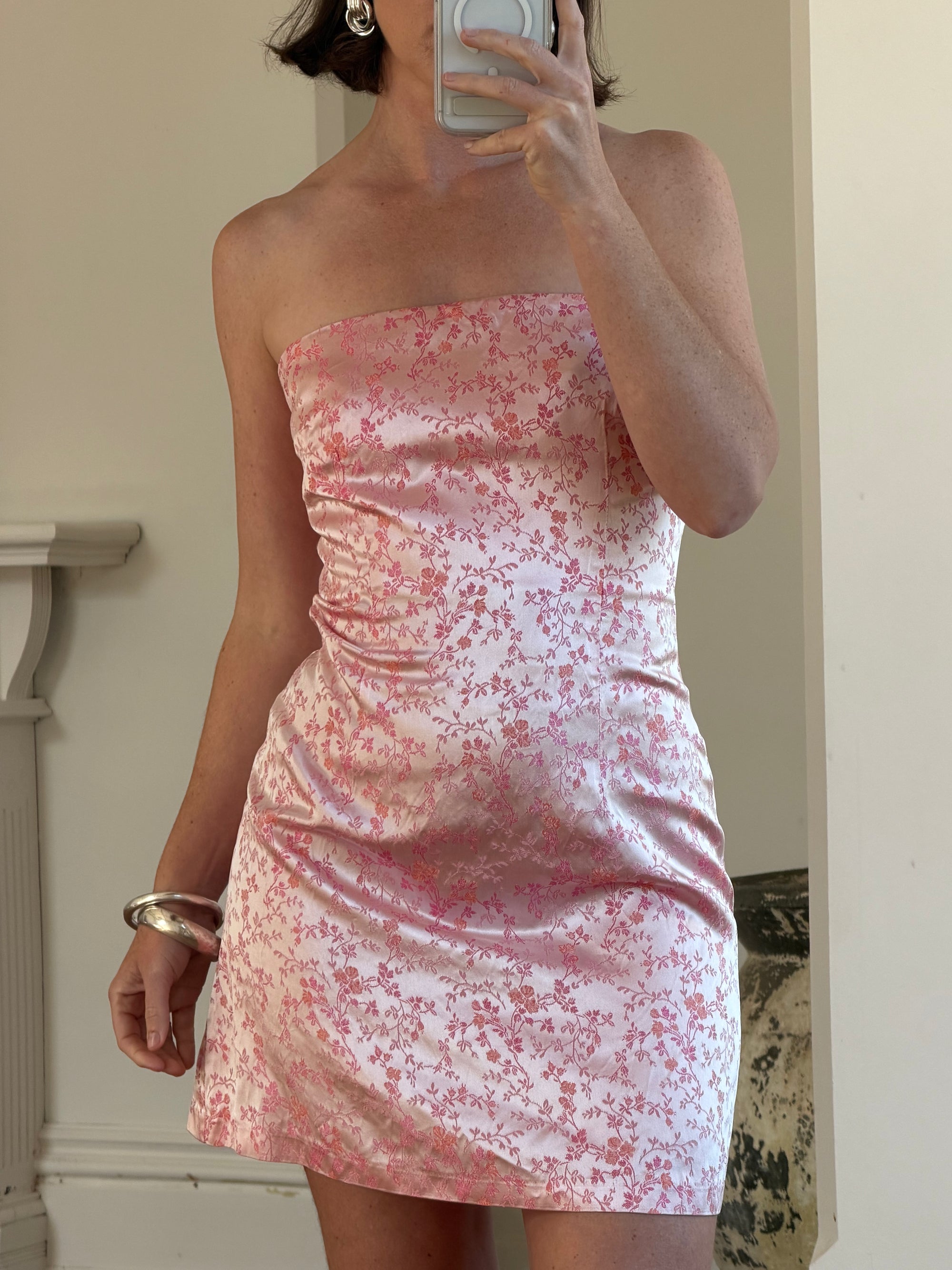 Vintage 90s Vine Jacquard Pink Strapless Mini Pink