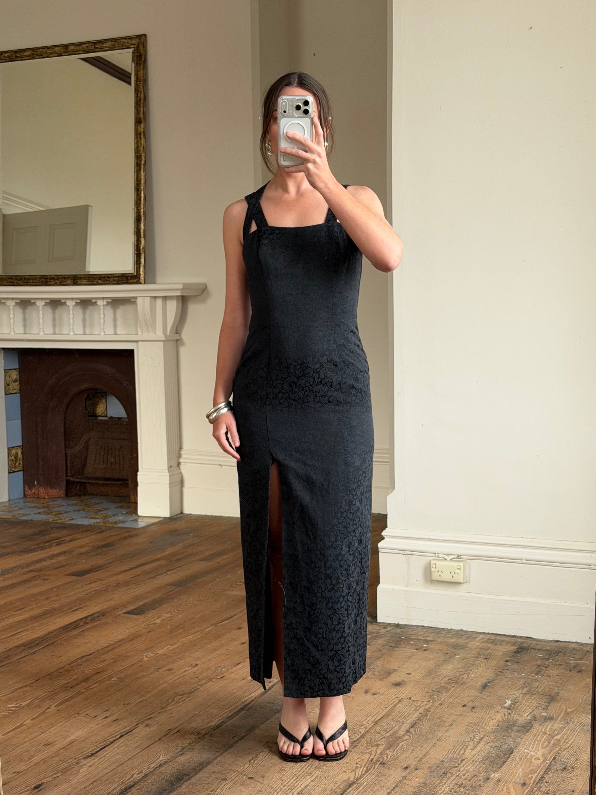 Vintage 90s Jacquard Noir Double Strap Maxi Dress