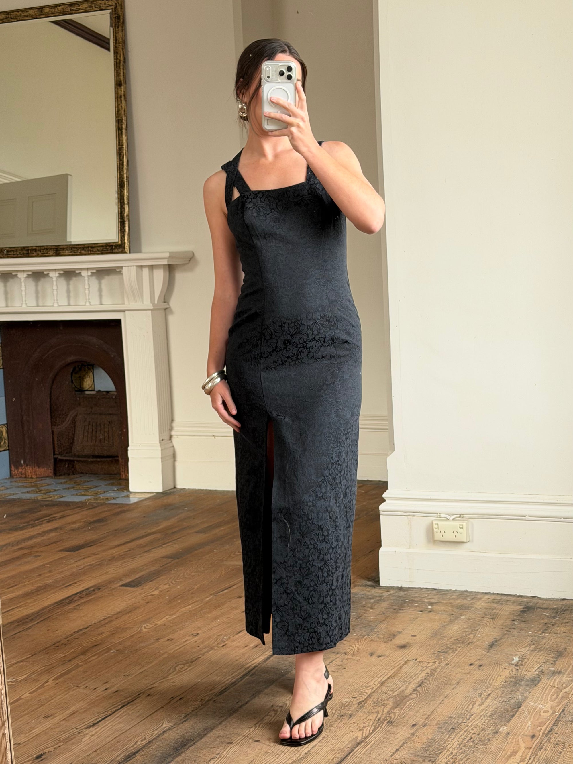 Vintage 90s Jacquard Noir Double Strap Maxi Dress