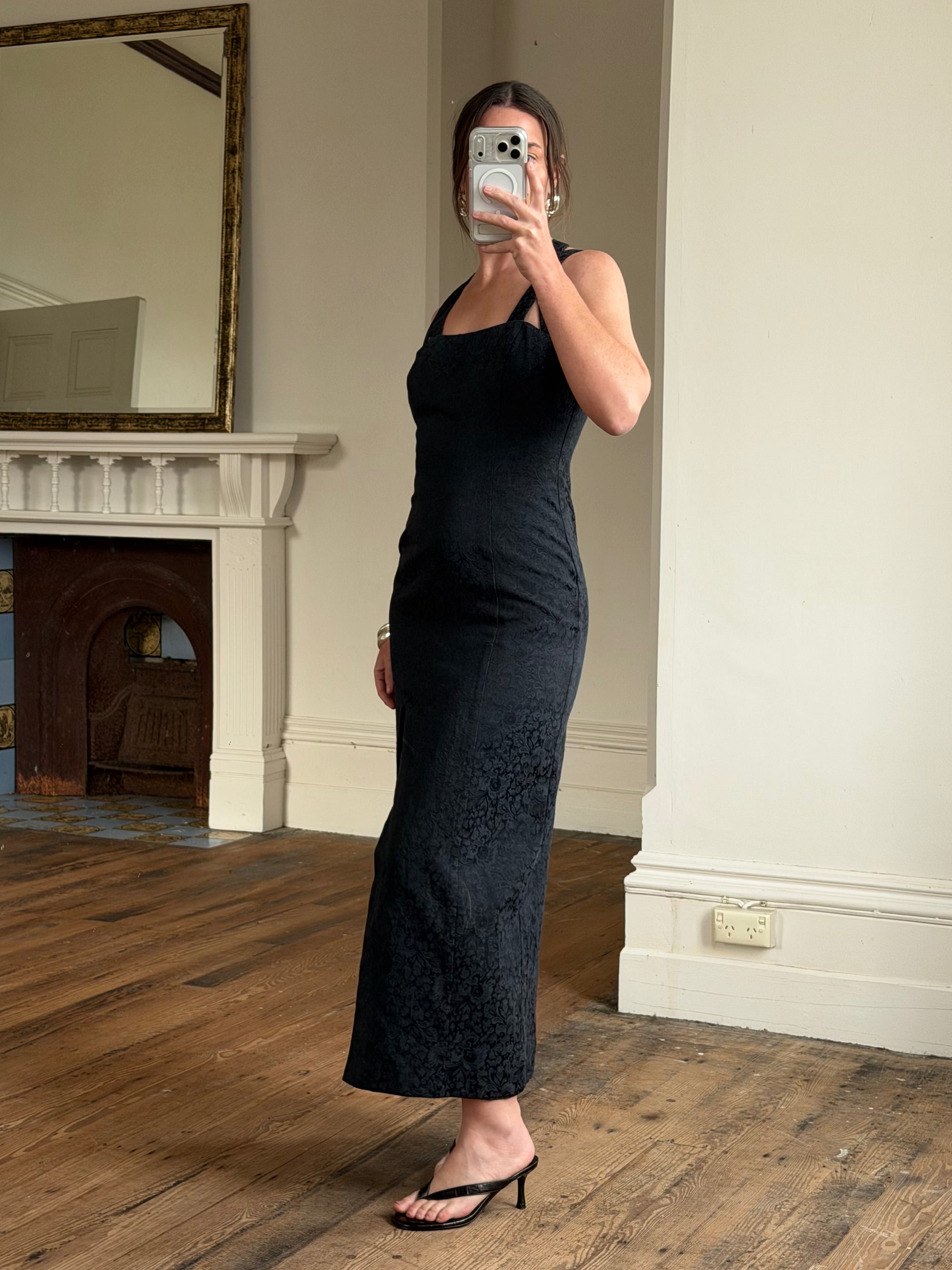 Vintage 90s Jacquard Noir Double Strap Maxi Dress