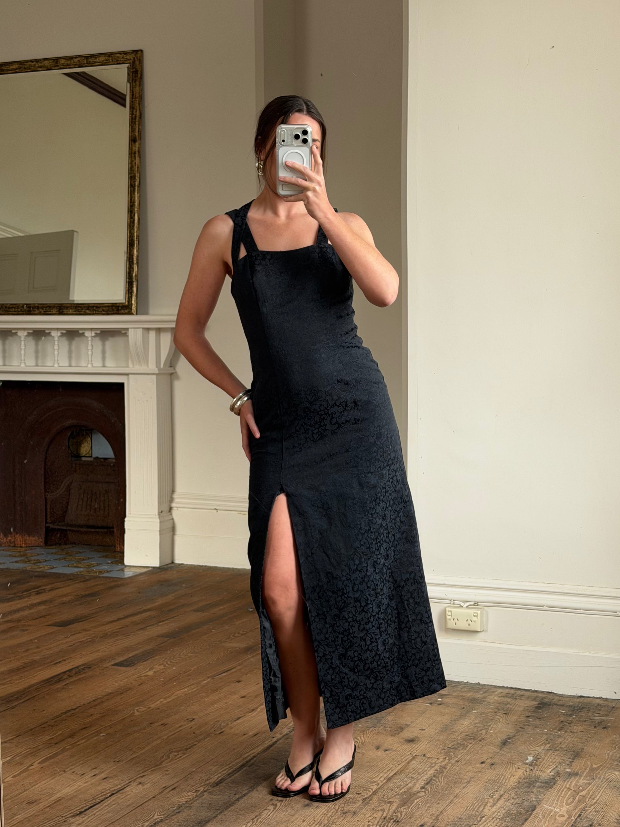 Vintage 90s Jacquard Noir Double Strap Maxi Dress