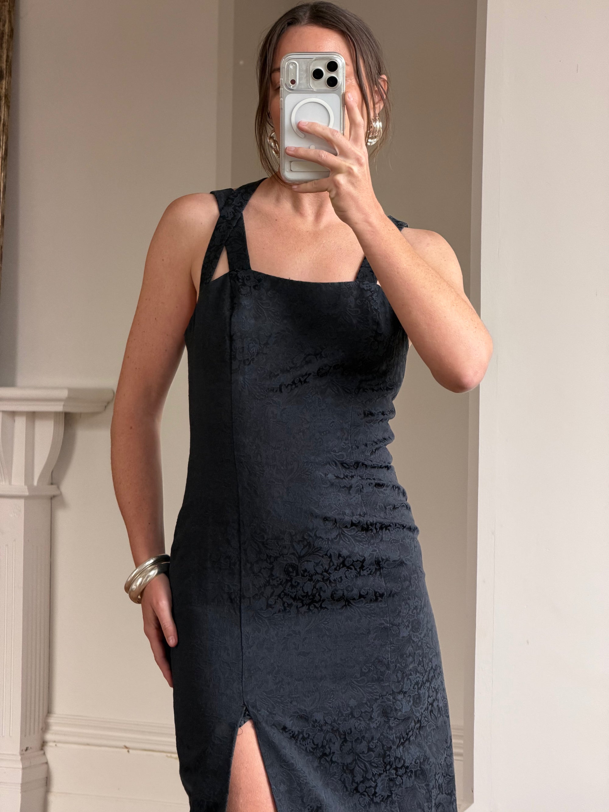 Vintage 90s Jacquard Noir Double Strap Maxi Dress