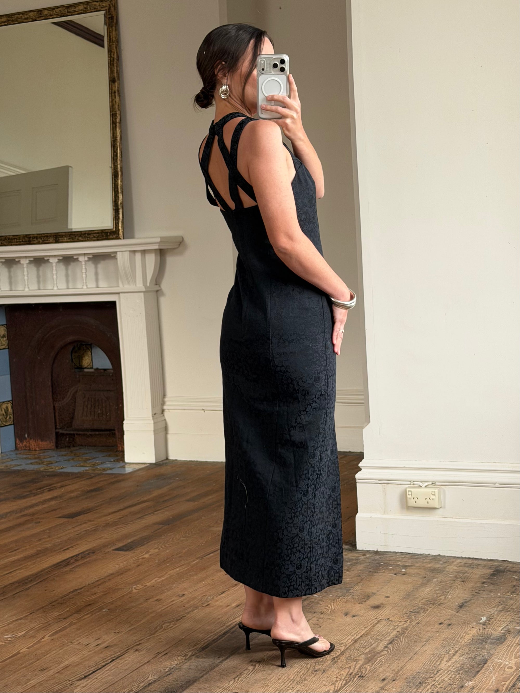 Vintage 90s Jacquard Noir Double Strap Maxi Dress