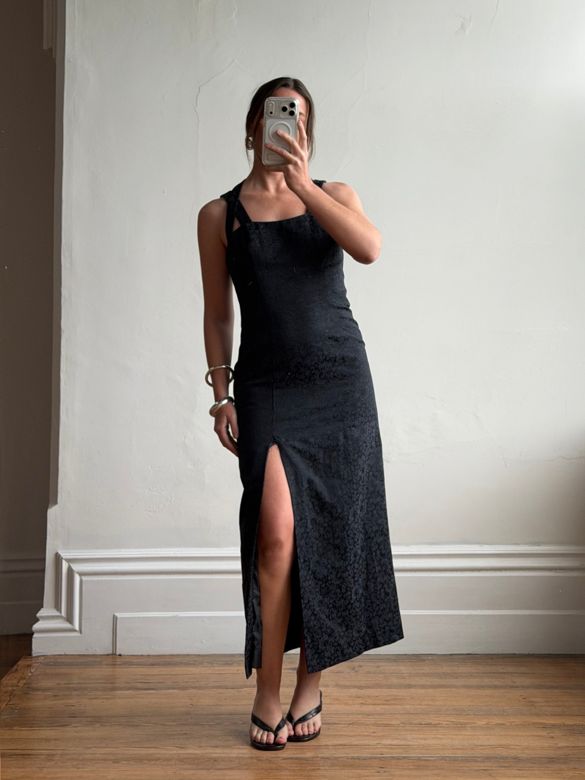 Vintage 90s Jacquard Noir Double Strap Maxi Dress