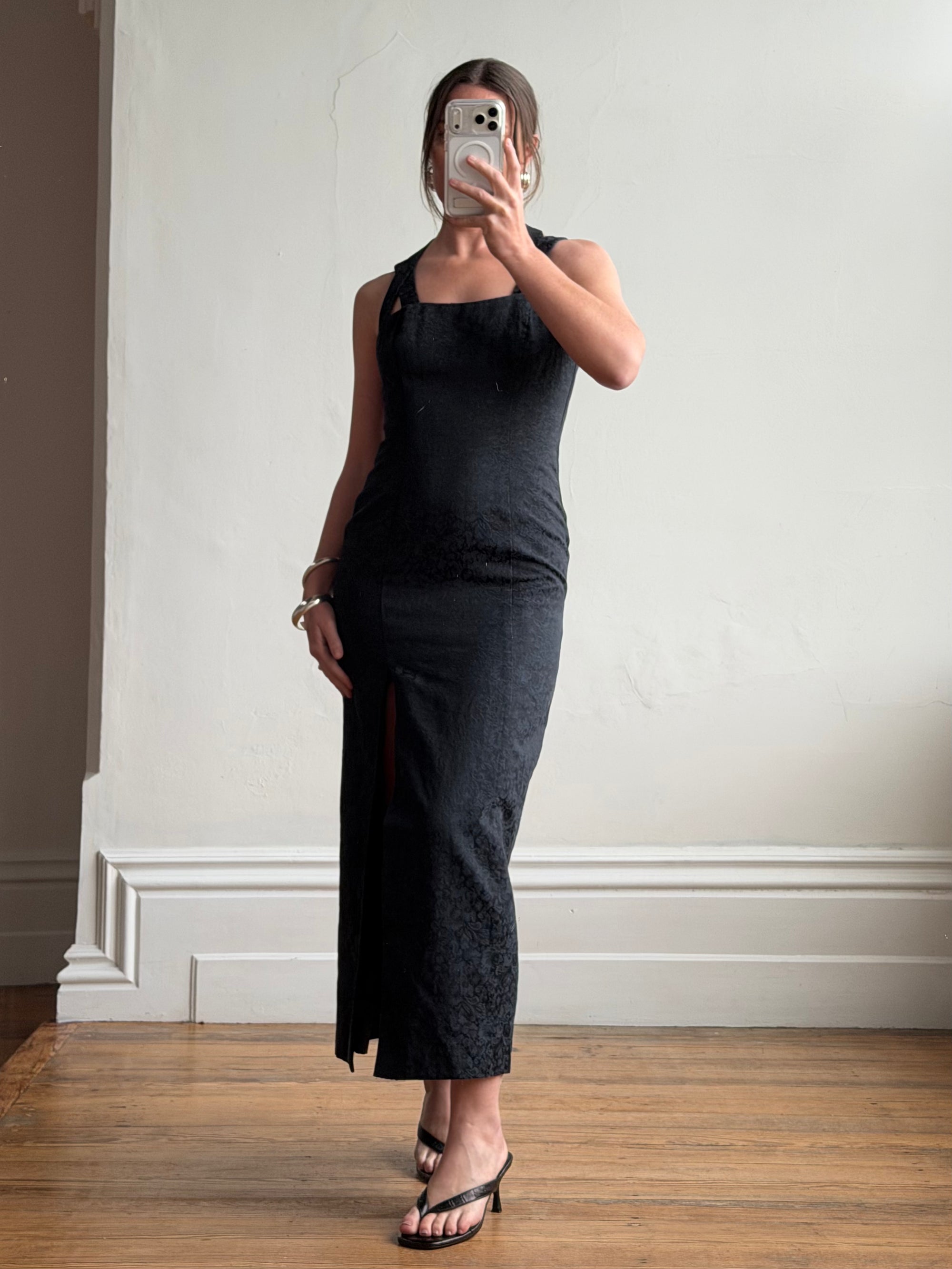 Vintage 90s Jacquard Noir Double Strap Maxi Dress