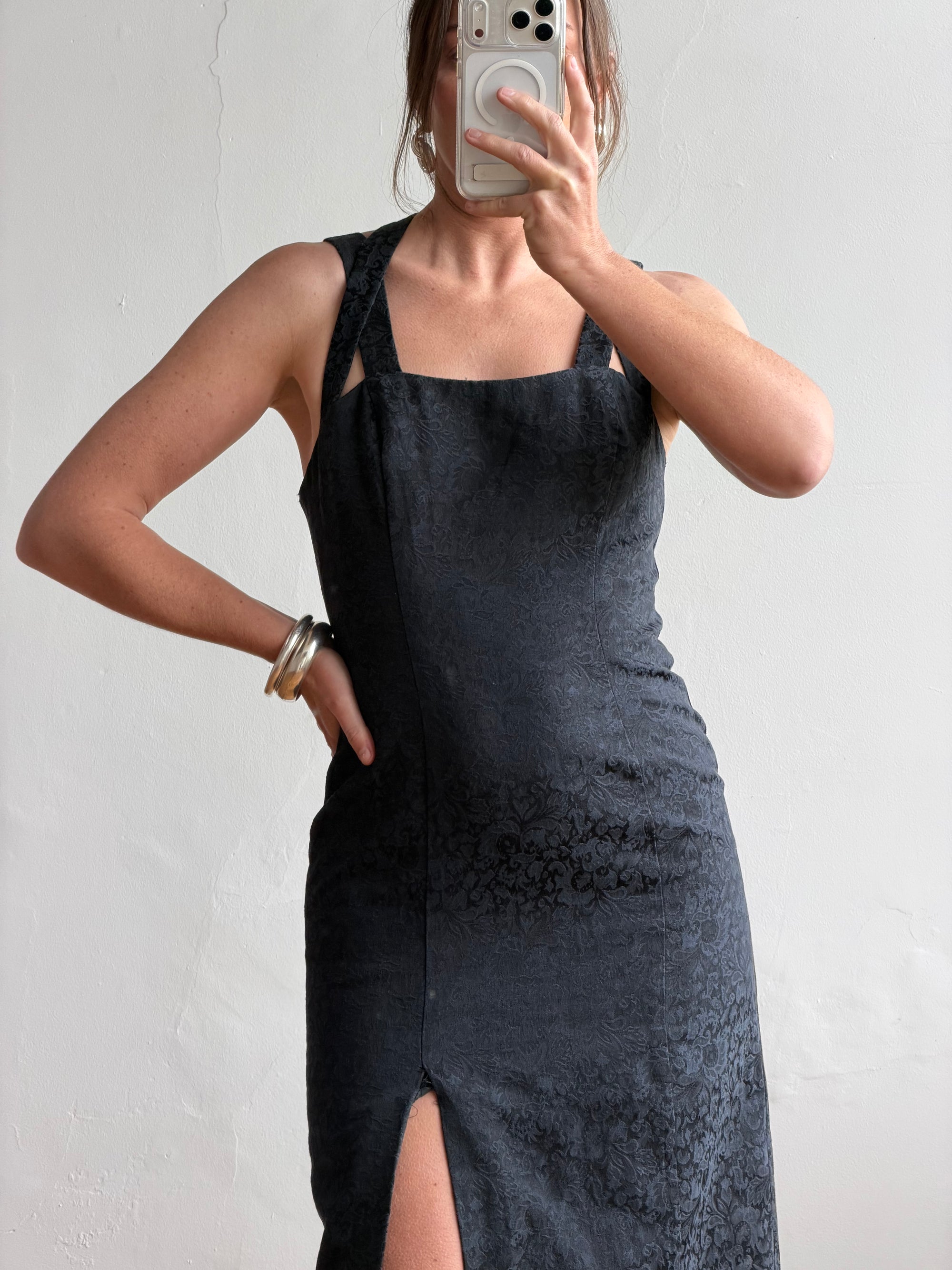 Vintage 90s Jacquard Noir Double Strap Maxi Dress