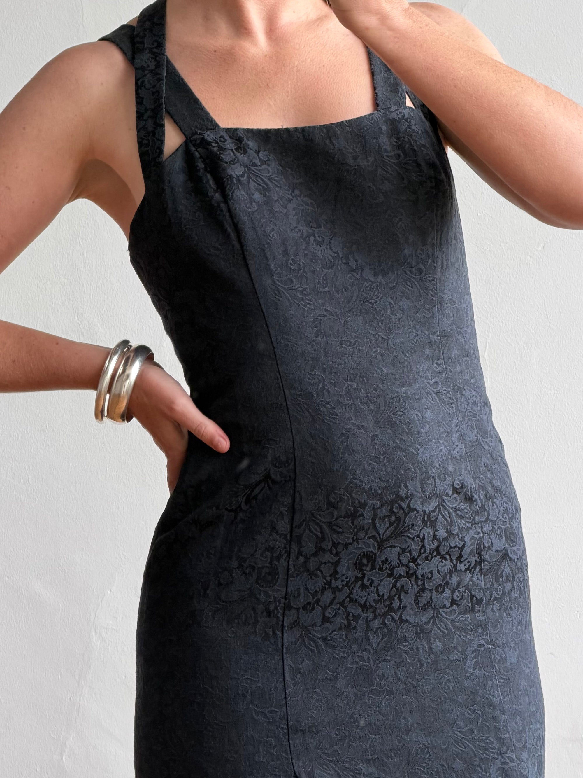 Vintage 90s Jacquard Noir Double Strap Maxi Dress
