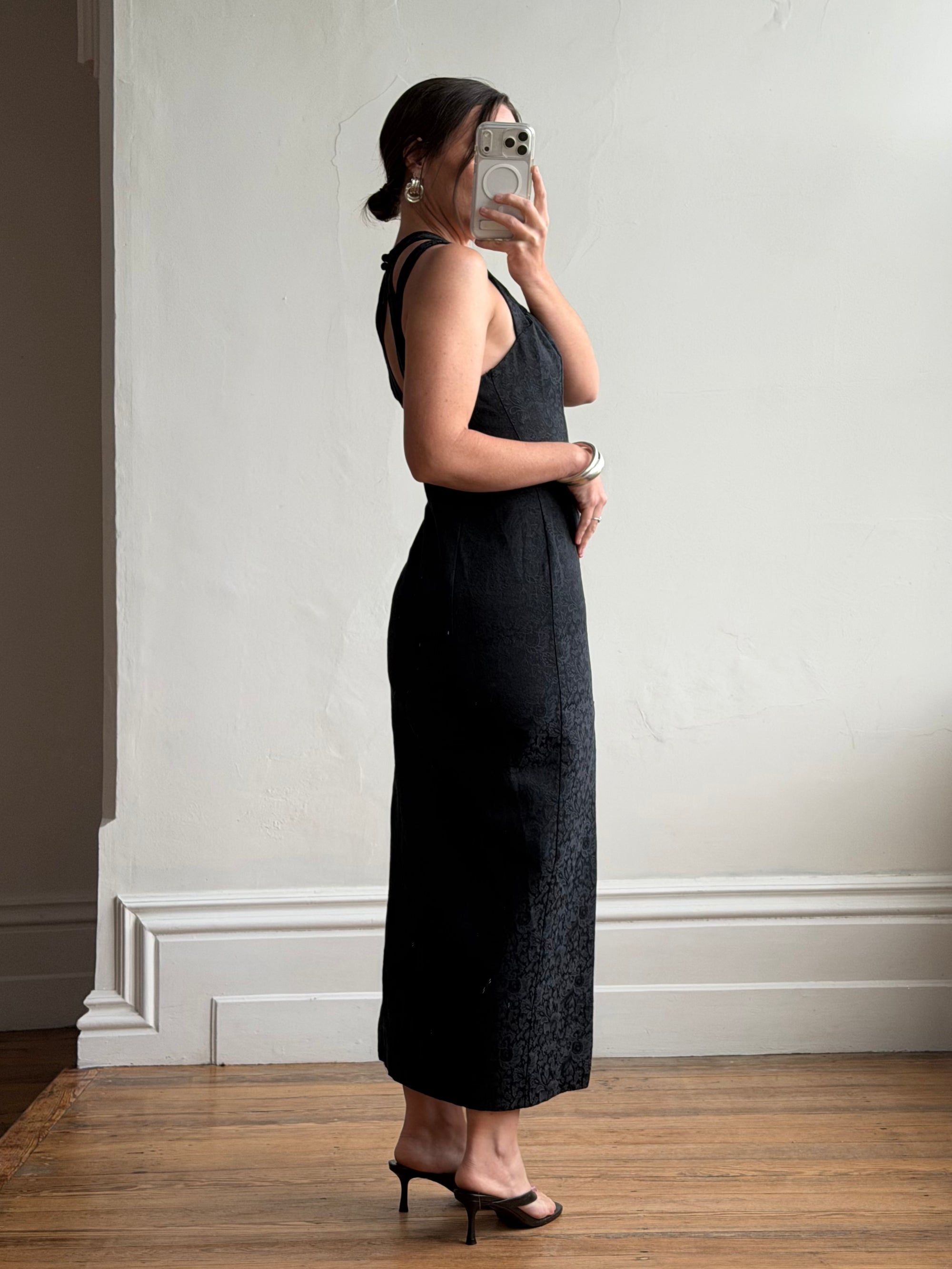 Vintage 90s Jacquard Noir Double Strap Maxi Dress