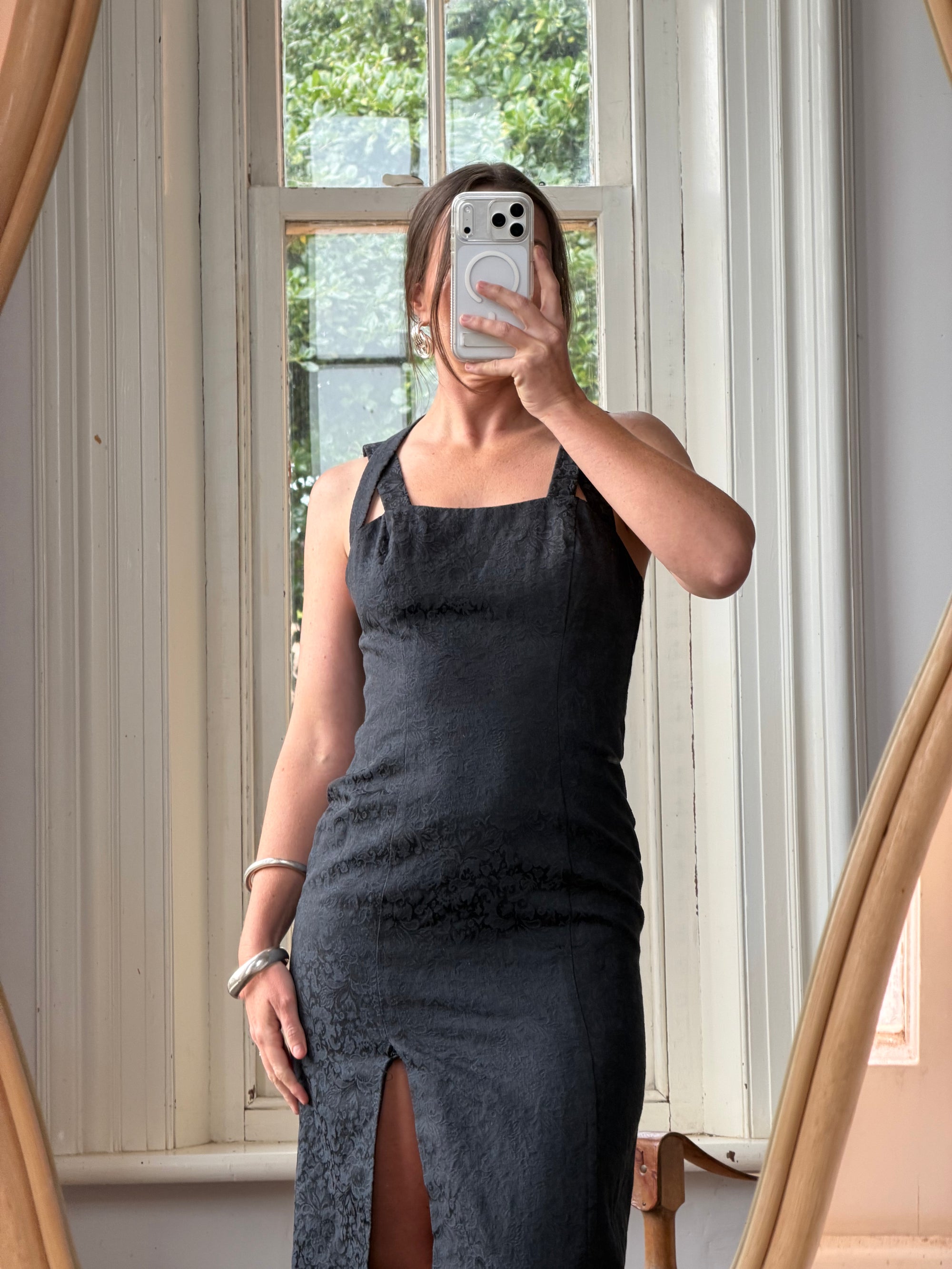 Vintage 90s Jacquard Noir Double Strap Maxi Dress