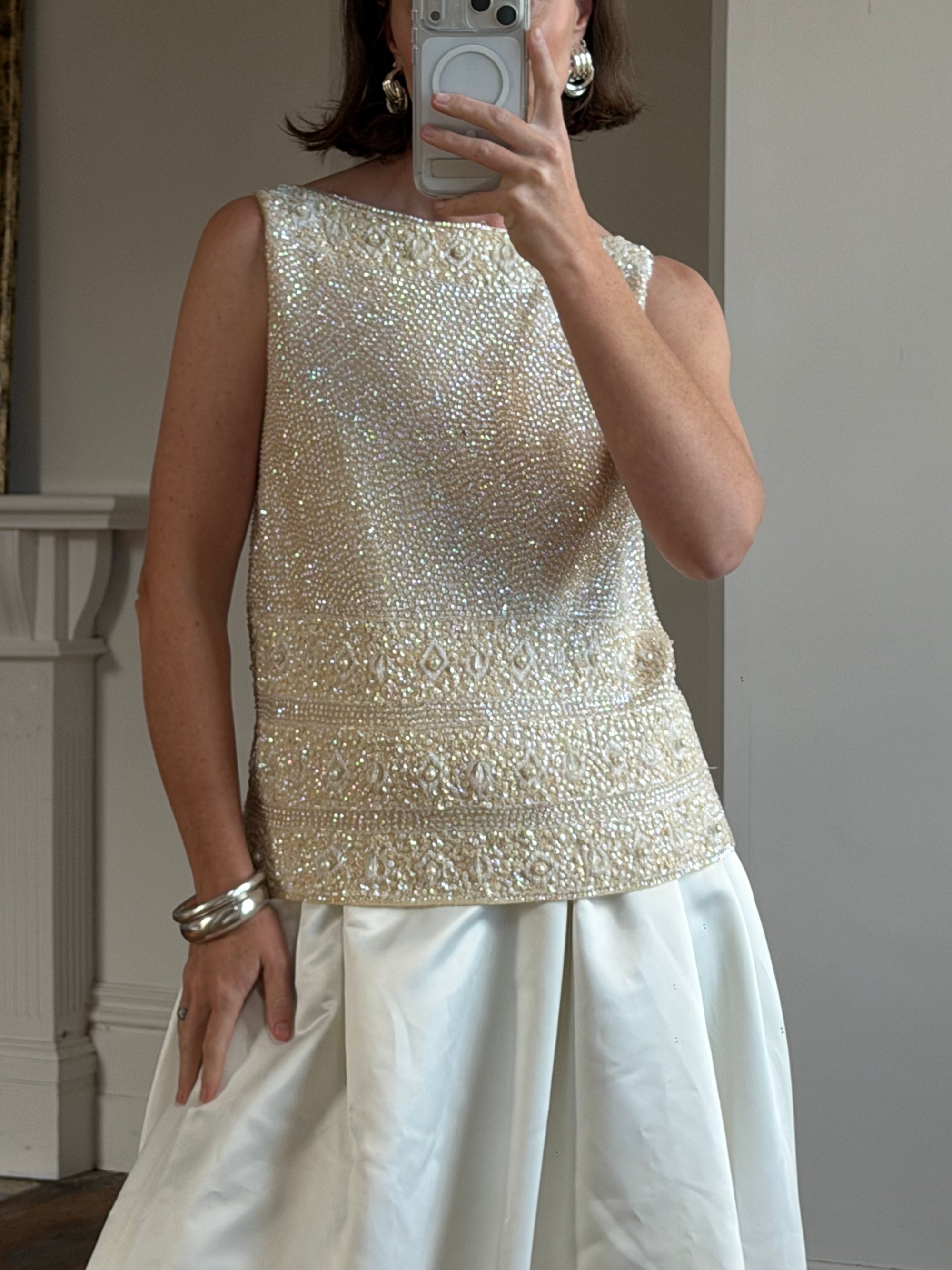 Vintage 60s Sequin Knit Tank Creme