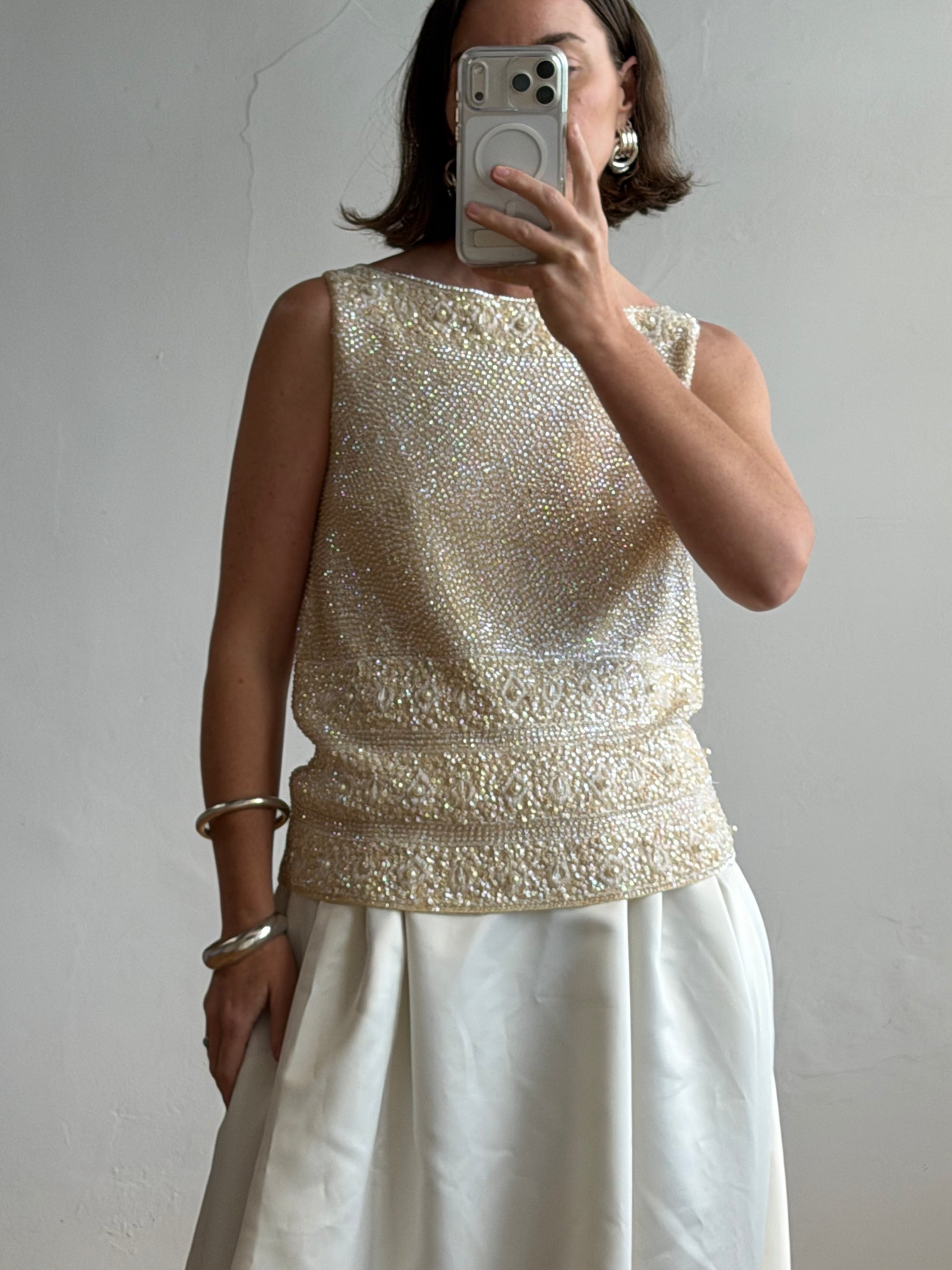Vintage 60s Sequin Knit Tank Creme