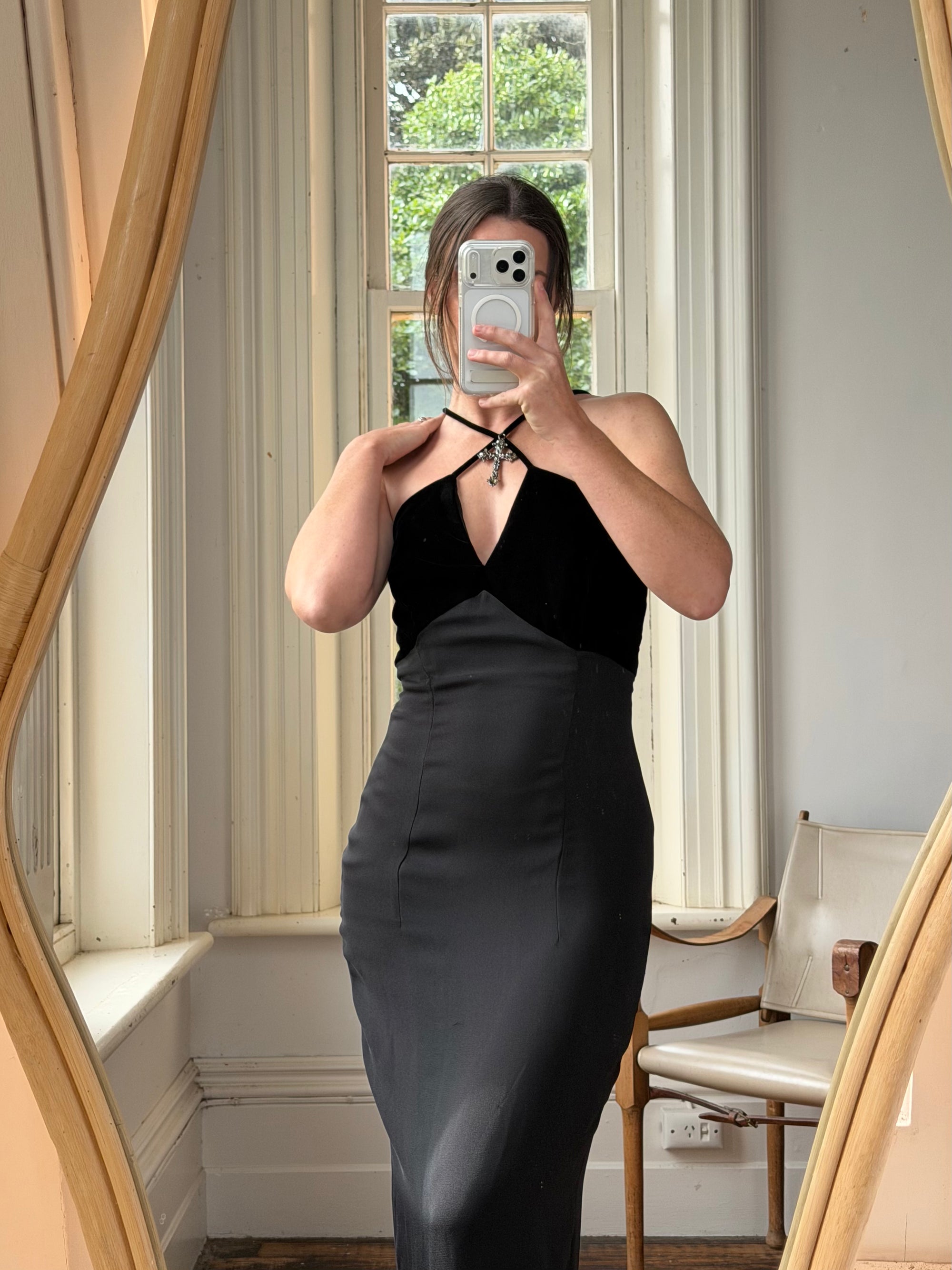 Vintage 90s Gothic Cross Velvet Halter Maxi Dress