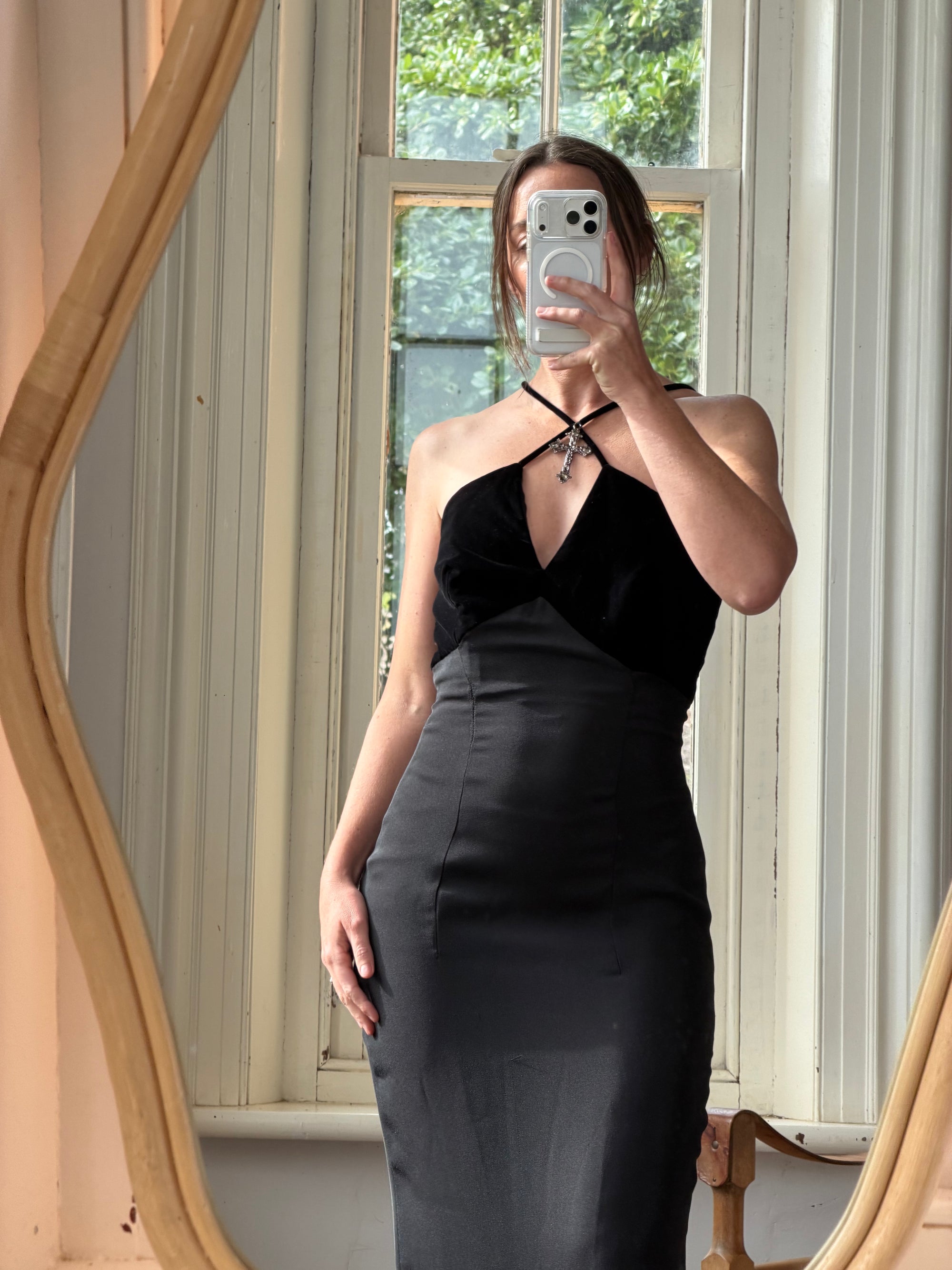 Vintage 90s Gothic Cross Velvet Halter Maxi Dress