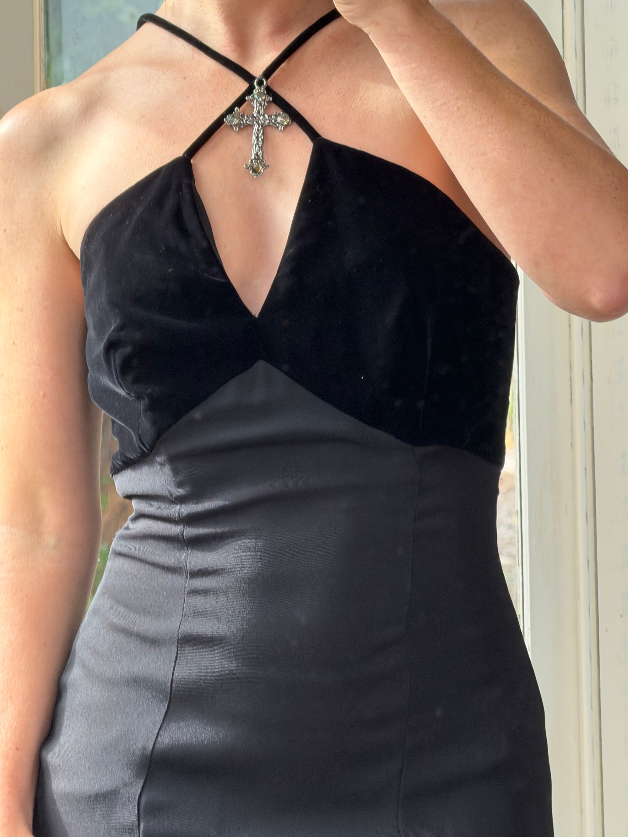 Vintage 90s Gothic Cross Velvet Halter Maxi Dress