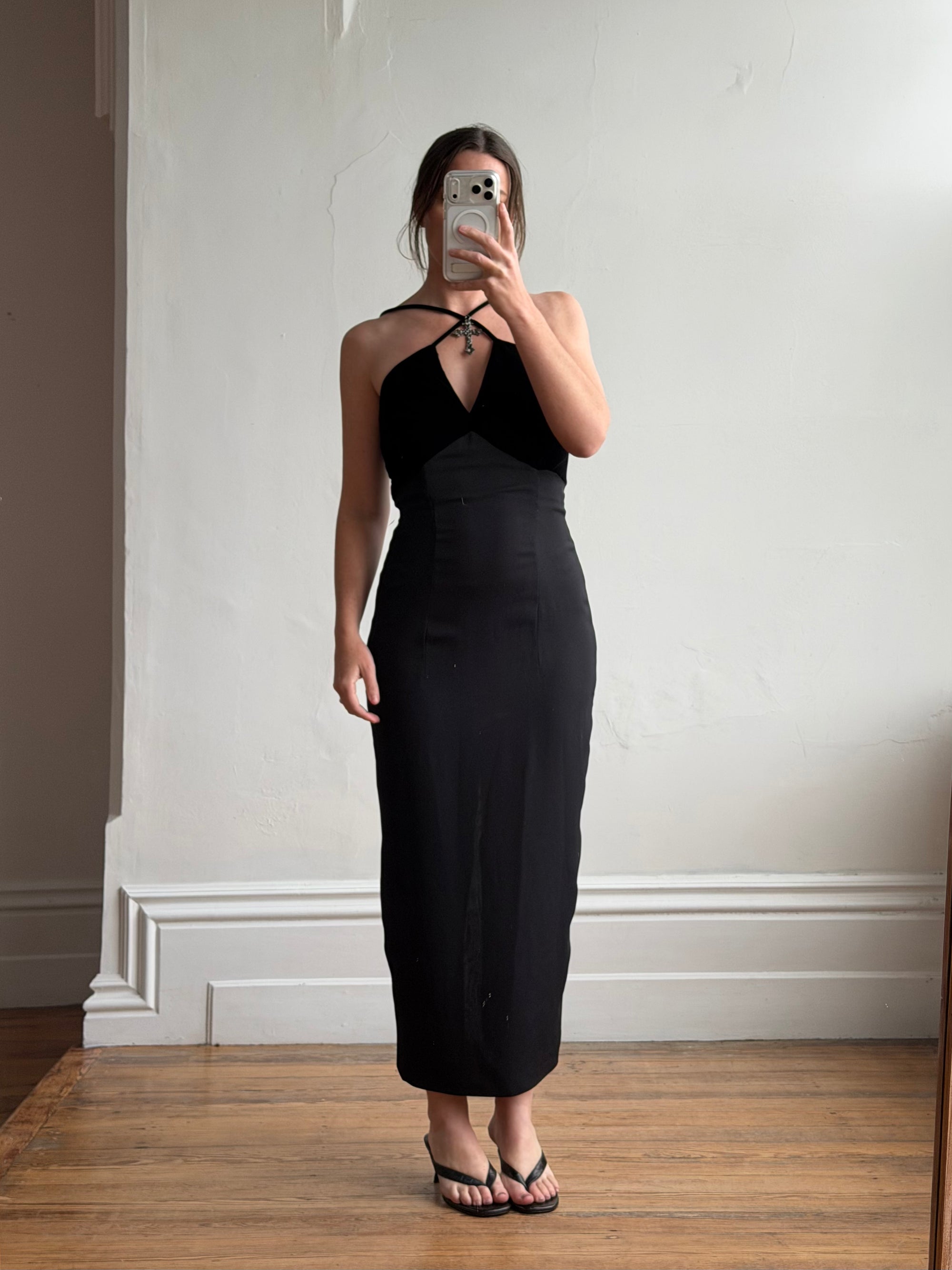Vintage 90s Gothic Cross Velvet Halter Maxi Dress