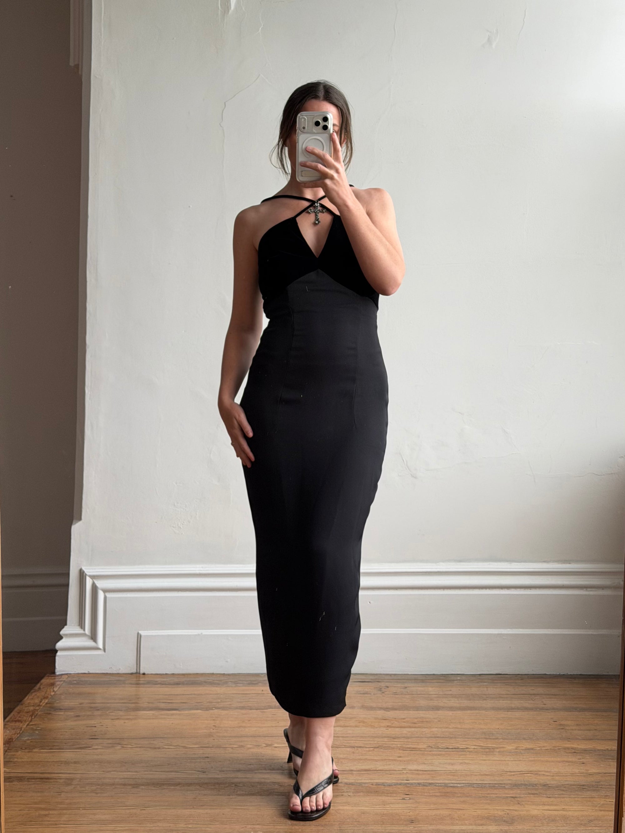 Vintage 90s Gothic Cross Velvet Halter Maxi Dress