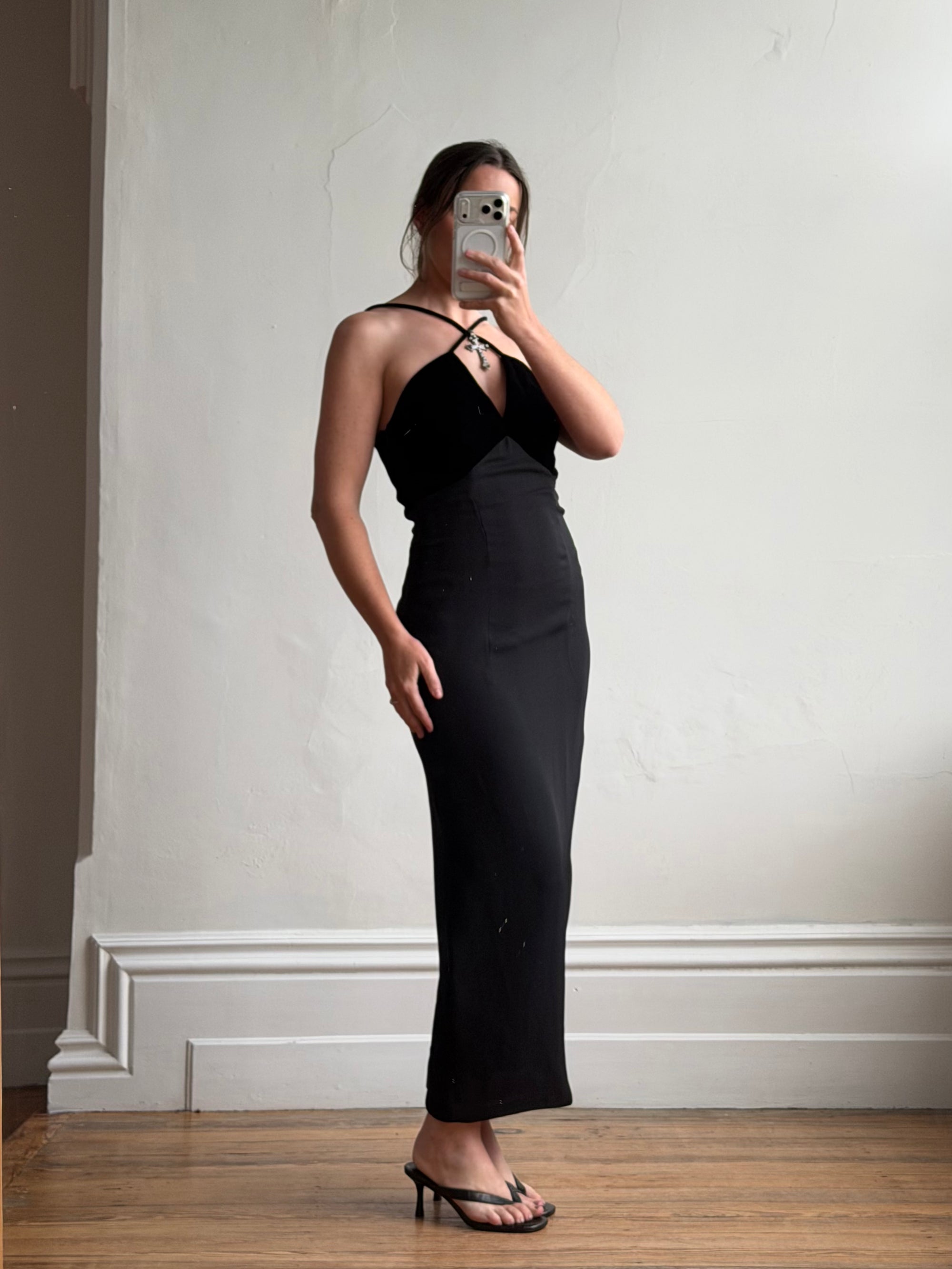 Vintage 90s Gothic Cross Velvet Halter Maxi Dress