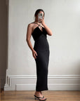Vintage 90s Gothic Cross Velvet Halter Maxi Dress