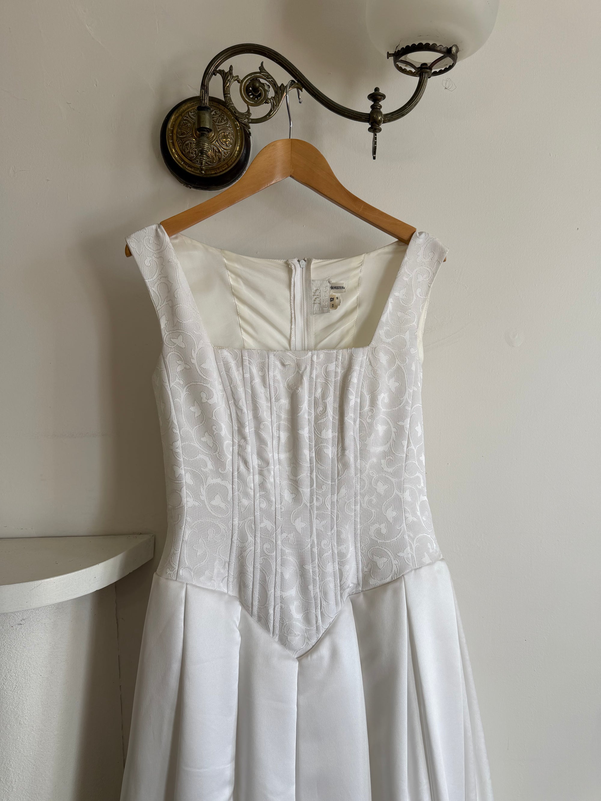 Vintage 90s Boned Jacquard Basque Waist Wedding Dress White