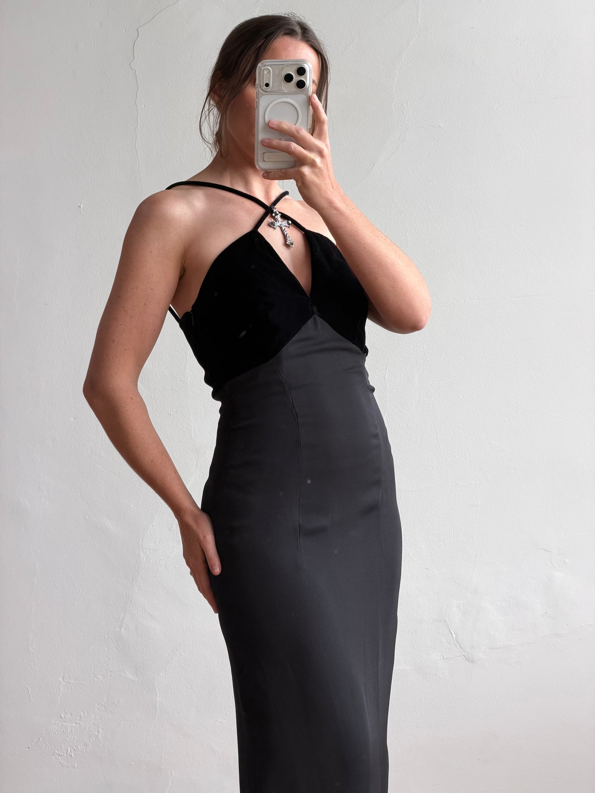Vintage 90s Gothic Cross Velvet Halter Maxi Dress