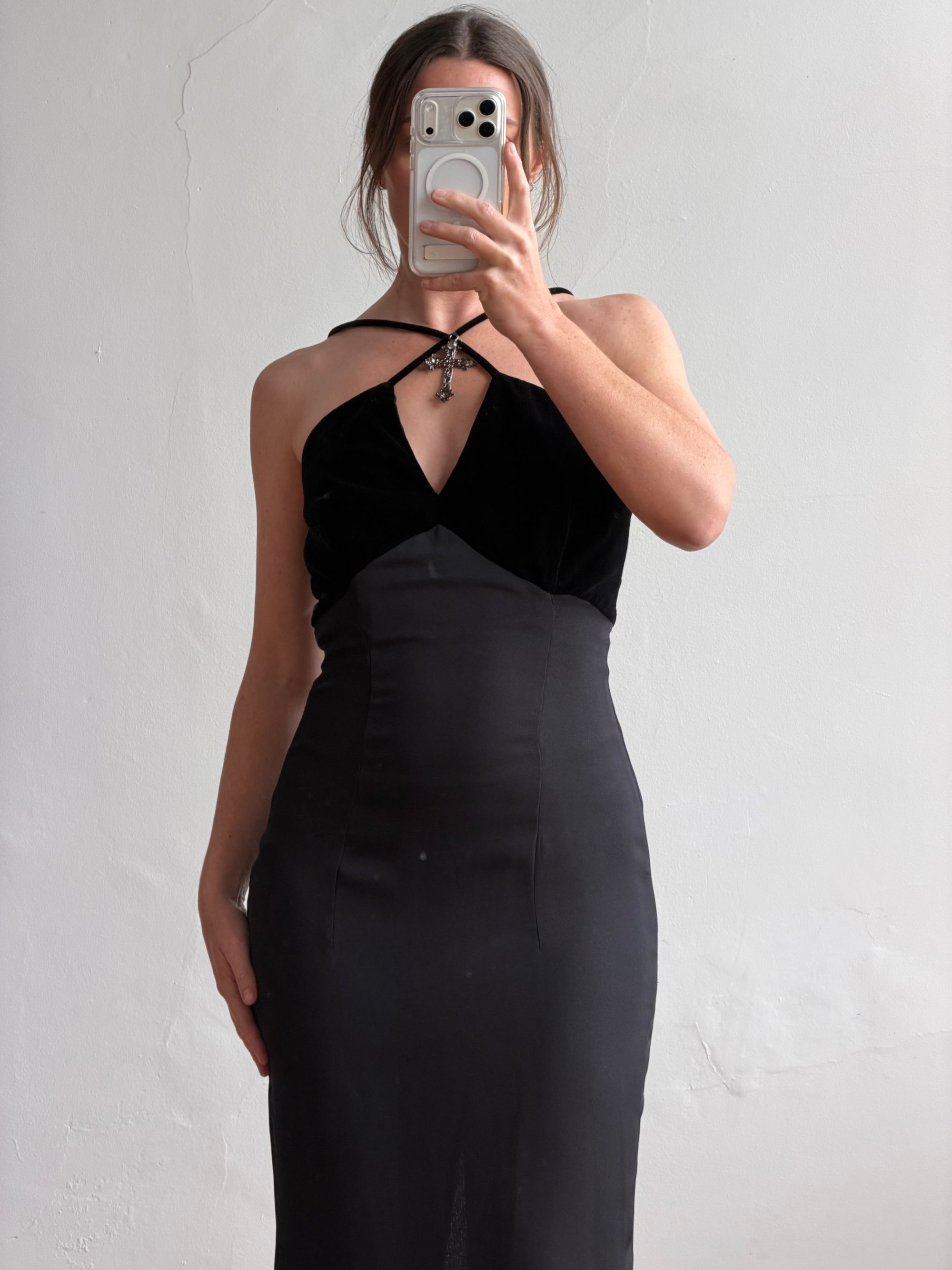 Vintage 90s Gothic Cross Velvet Halter Maxi Dress