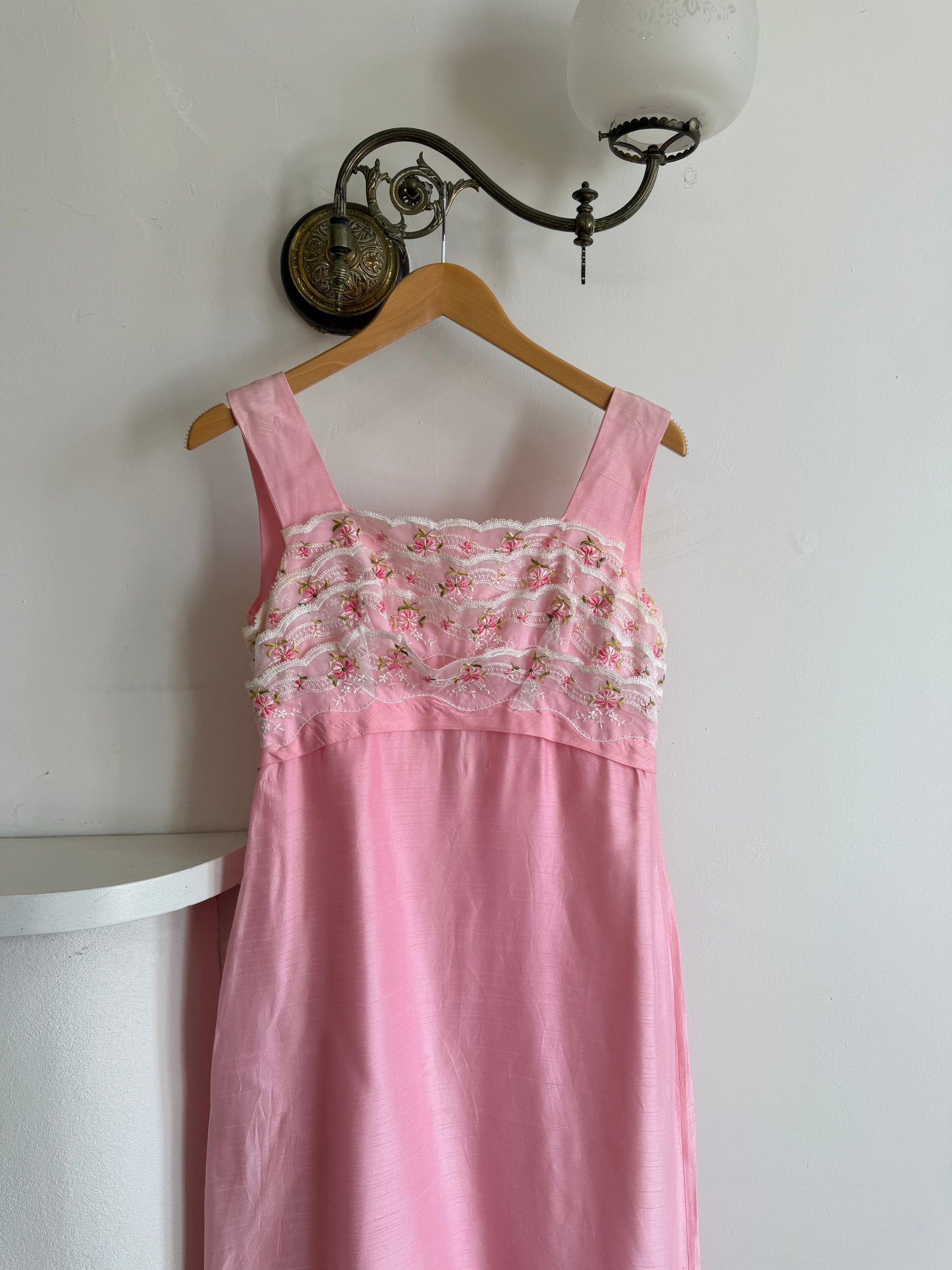 Vintage 60s Lace Ruffled Midi Dress Candy Pink