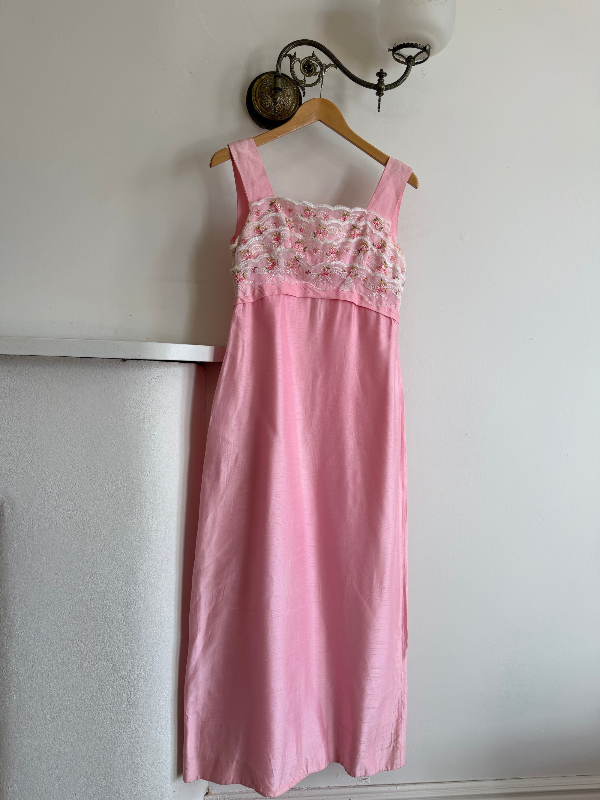 Vintage 60s Lace Ruffled Midi Dress Candy Pink