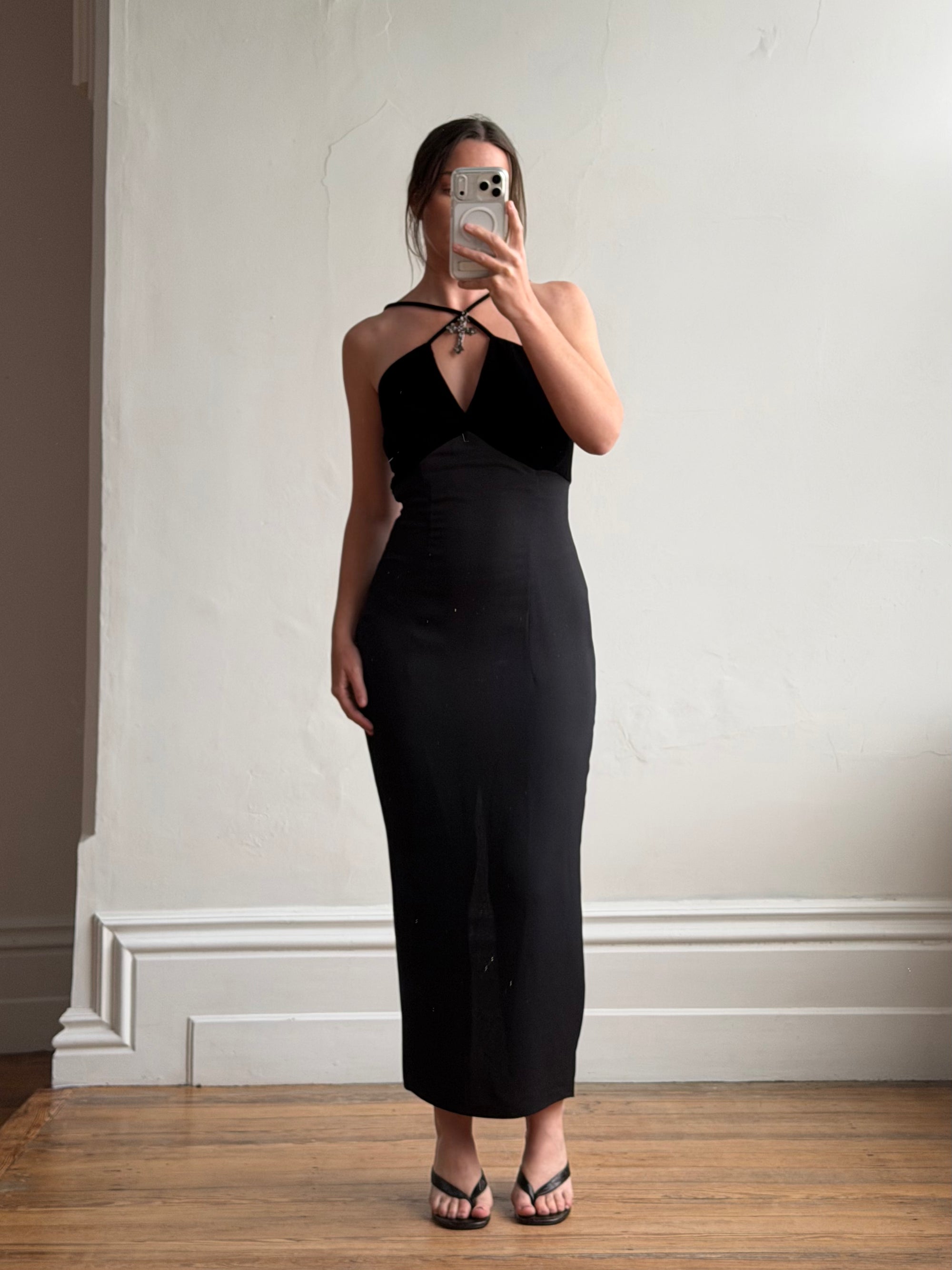 Vintage 90s Gothic Cross Velvet Halter Maxi Dress