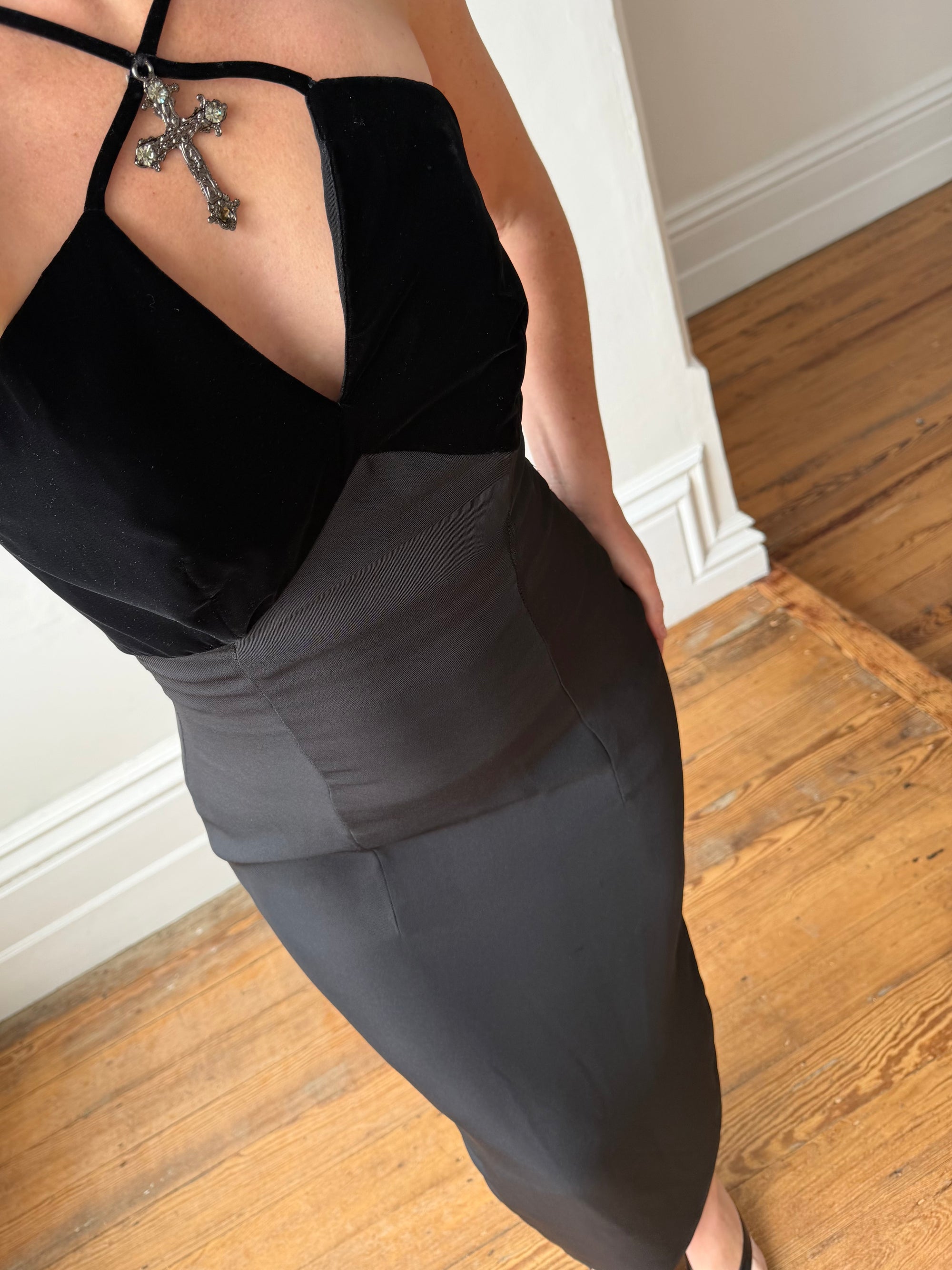 Vintage 90s Gothic Cross Velvet Halter Maxi Dress