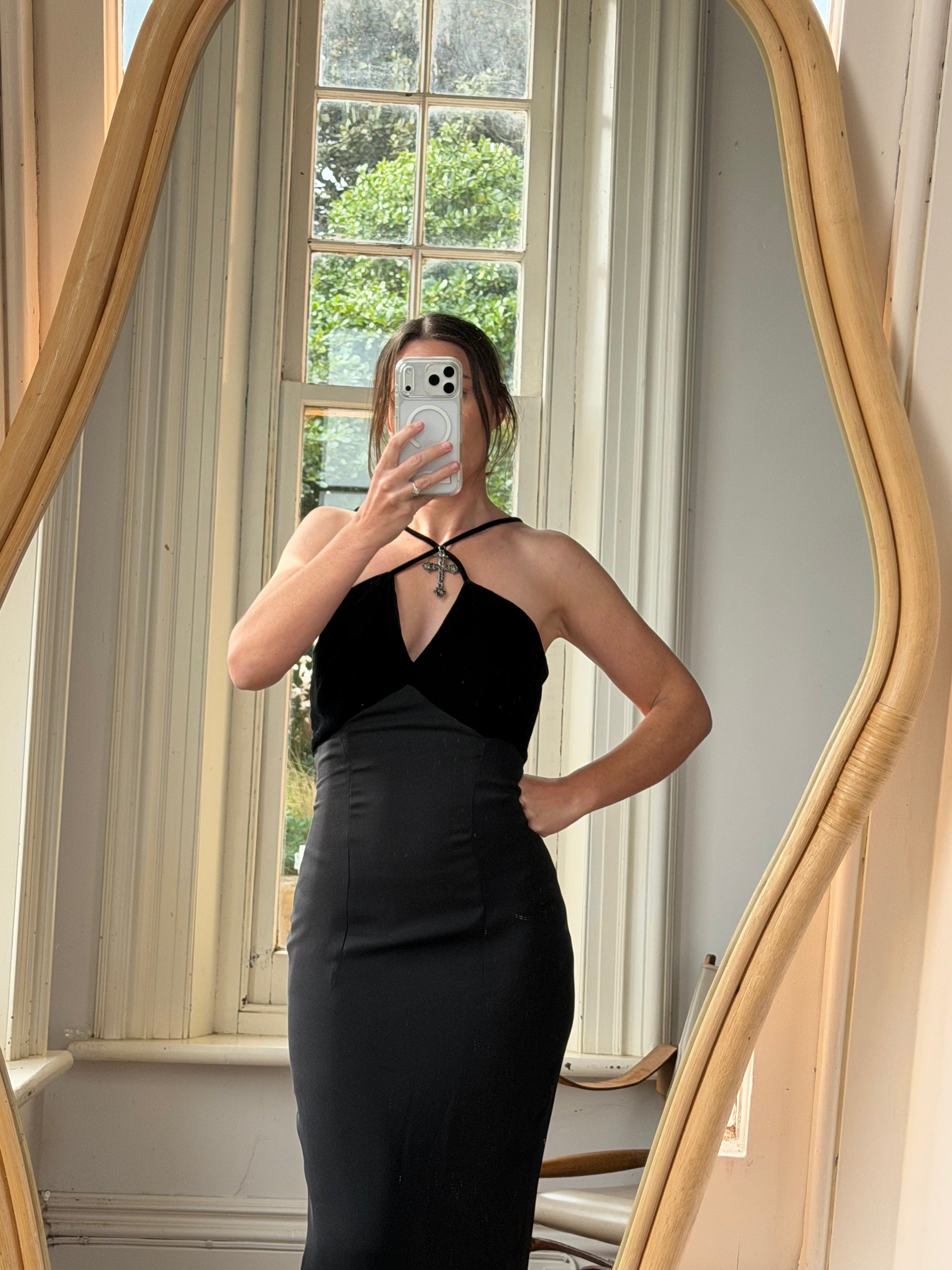 Vintage 90s Gothic Cross Velvet Halter Maxi Dress