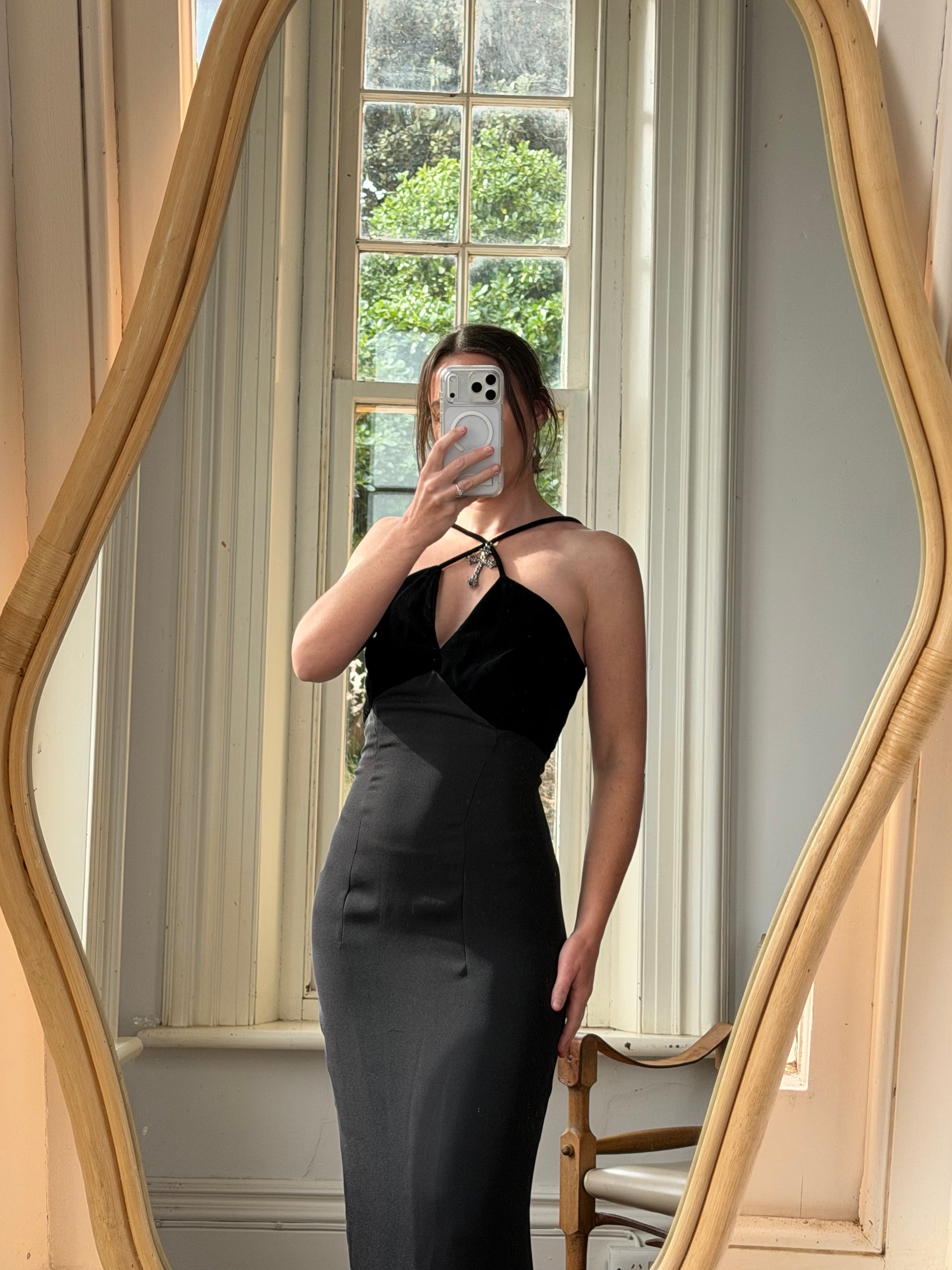 Vintage 90s Gothic Cross Velvet Halter Maxi Dress