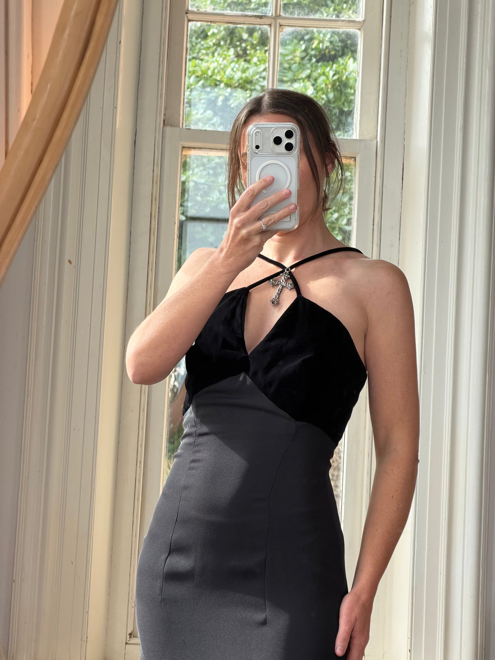 Vintage 90s Gothic Cross Velvet Halter Maxi Dress