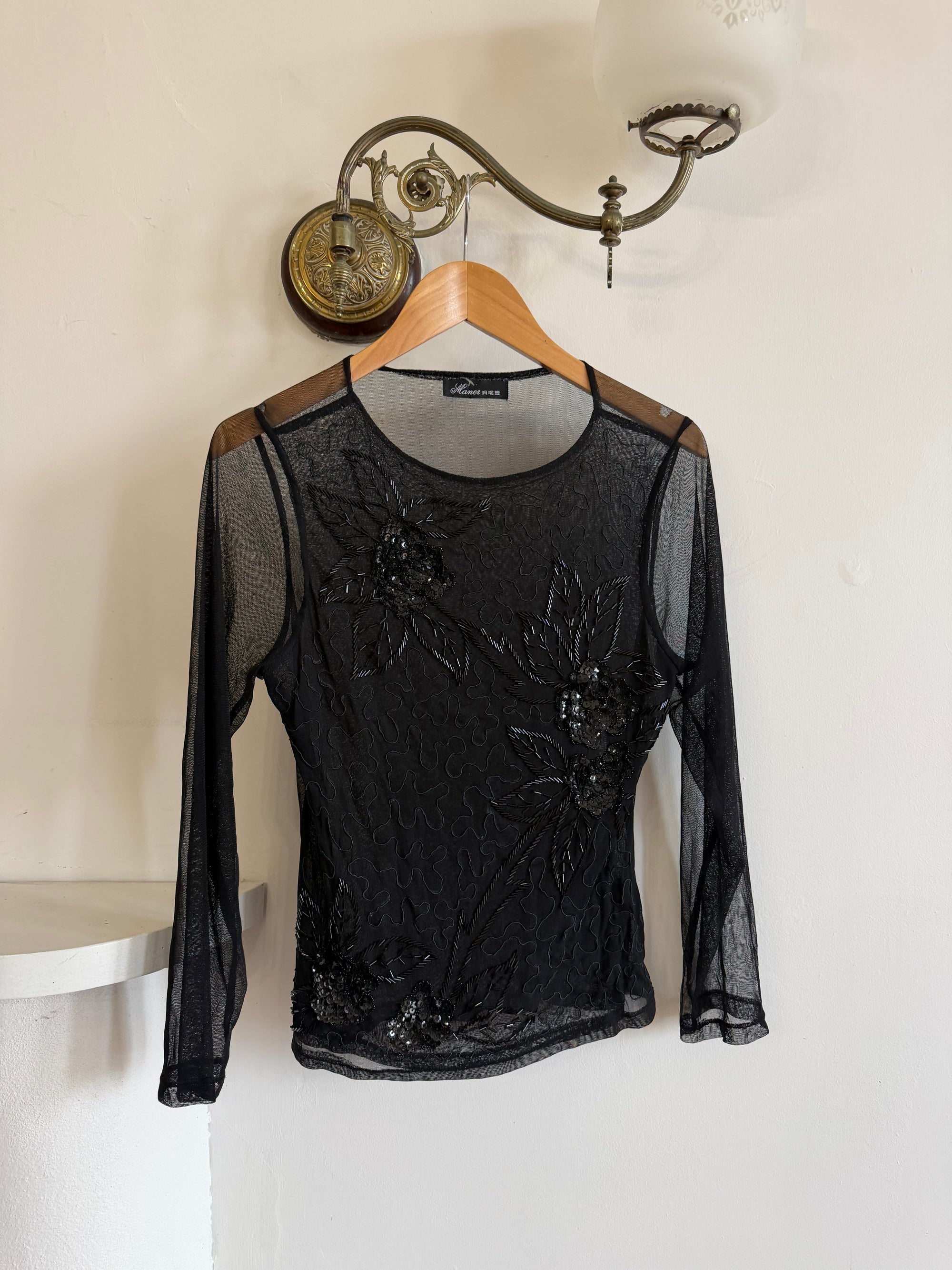 Vintage Beaded Sheer Floral Embroidered Long Sleeved Top