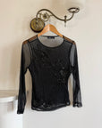 Vintage Beaded Sheer Floral Embroidered Long Sleeved Top