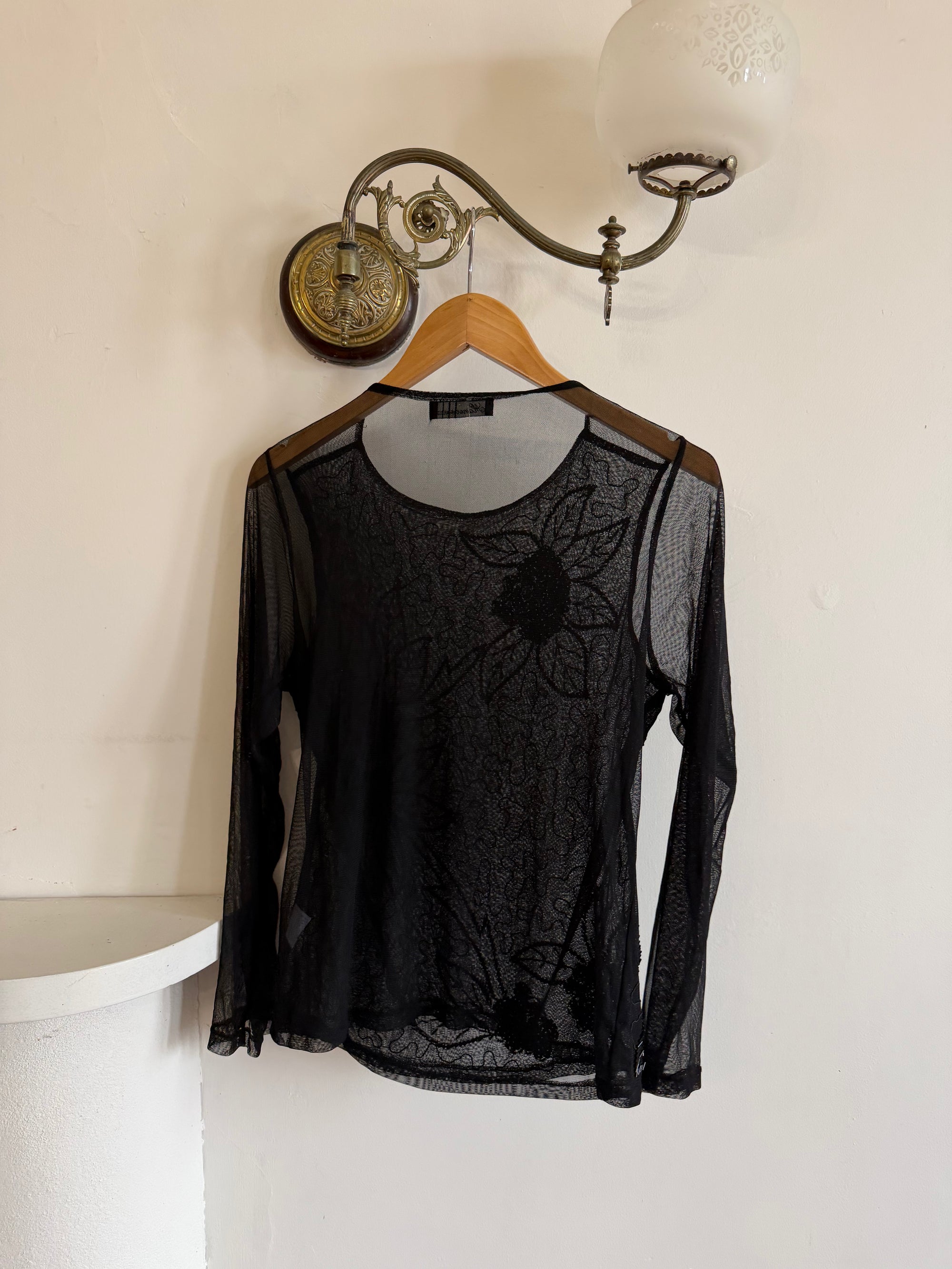 Vintage Beaded Sheer Floral Embroidered Long Sleeved Top
