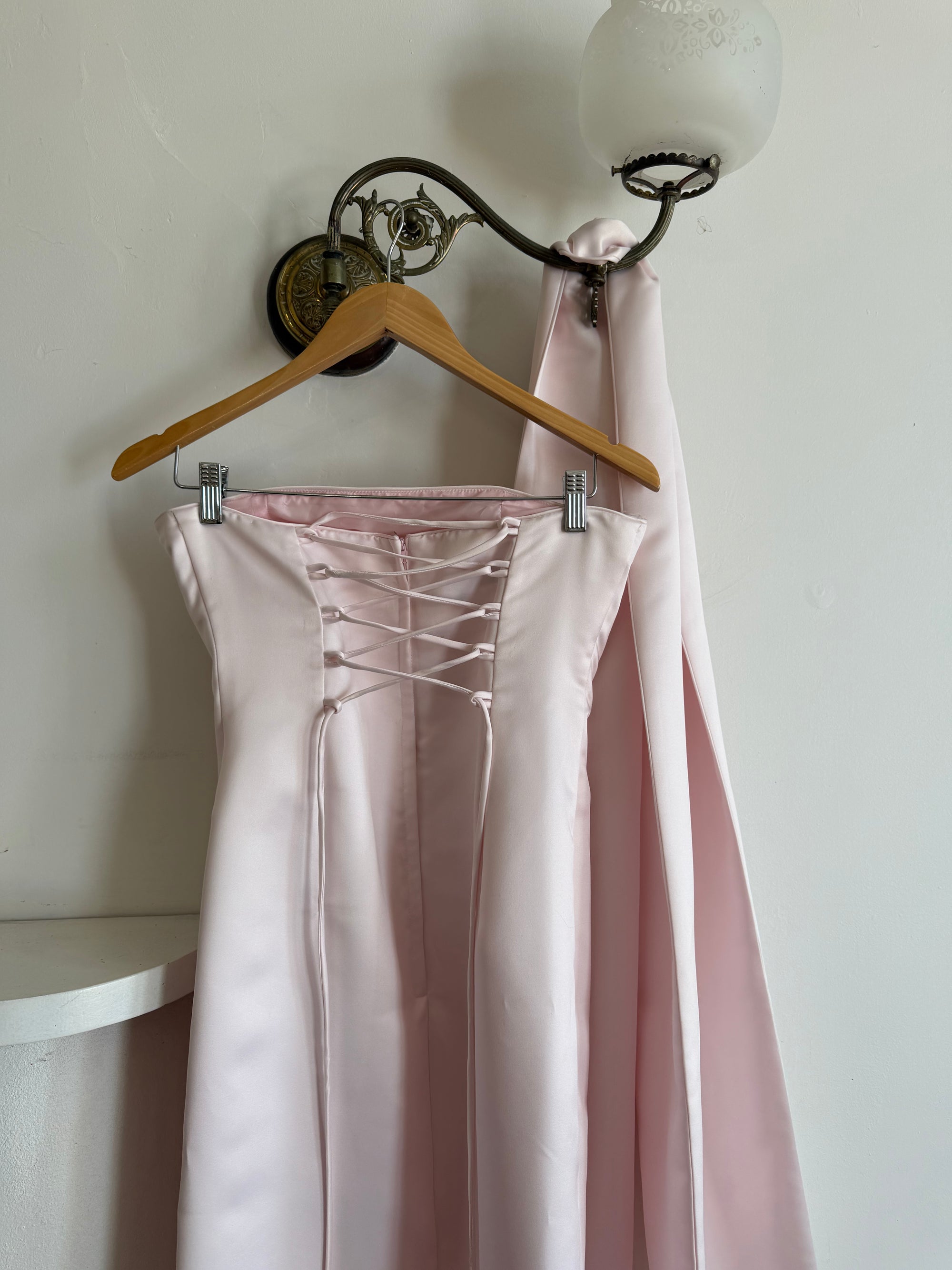 Vintage 90s Satin Lace Up Prom Dress Baby Pink