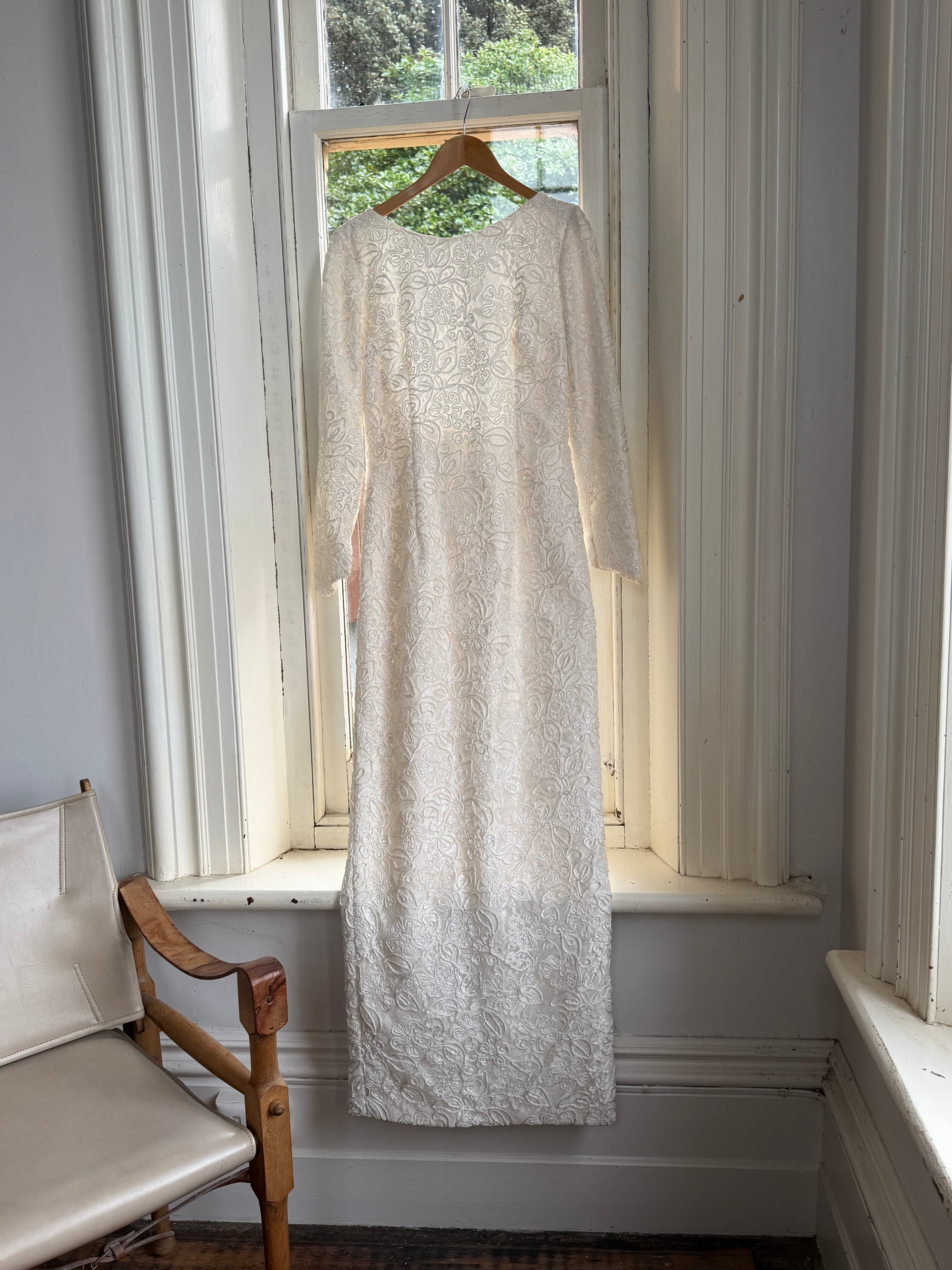 Vintage 90s Rope Embroidered Long Sleeve Open Back Wedding Dress