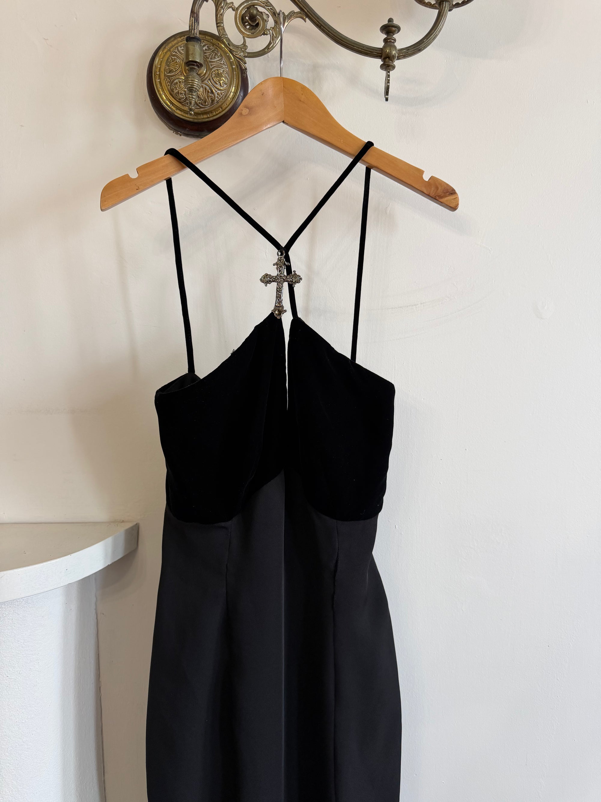 Vintage 90s Gothic Cross Velvet Halter Maxi Dress