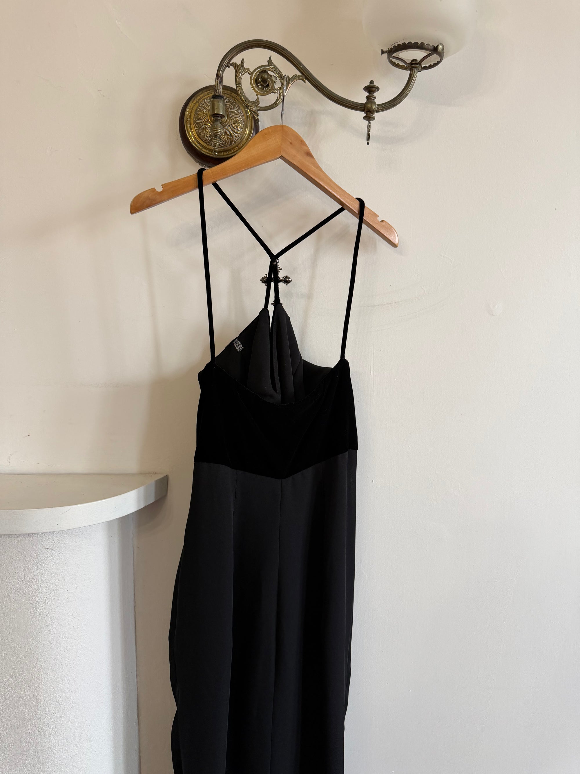 Vintage 90s Gothic Cross Velvet Halter Maxi Dress
