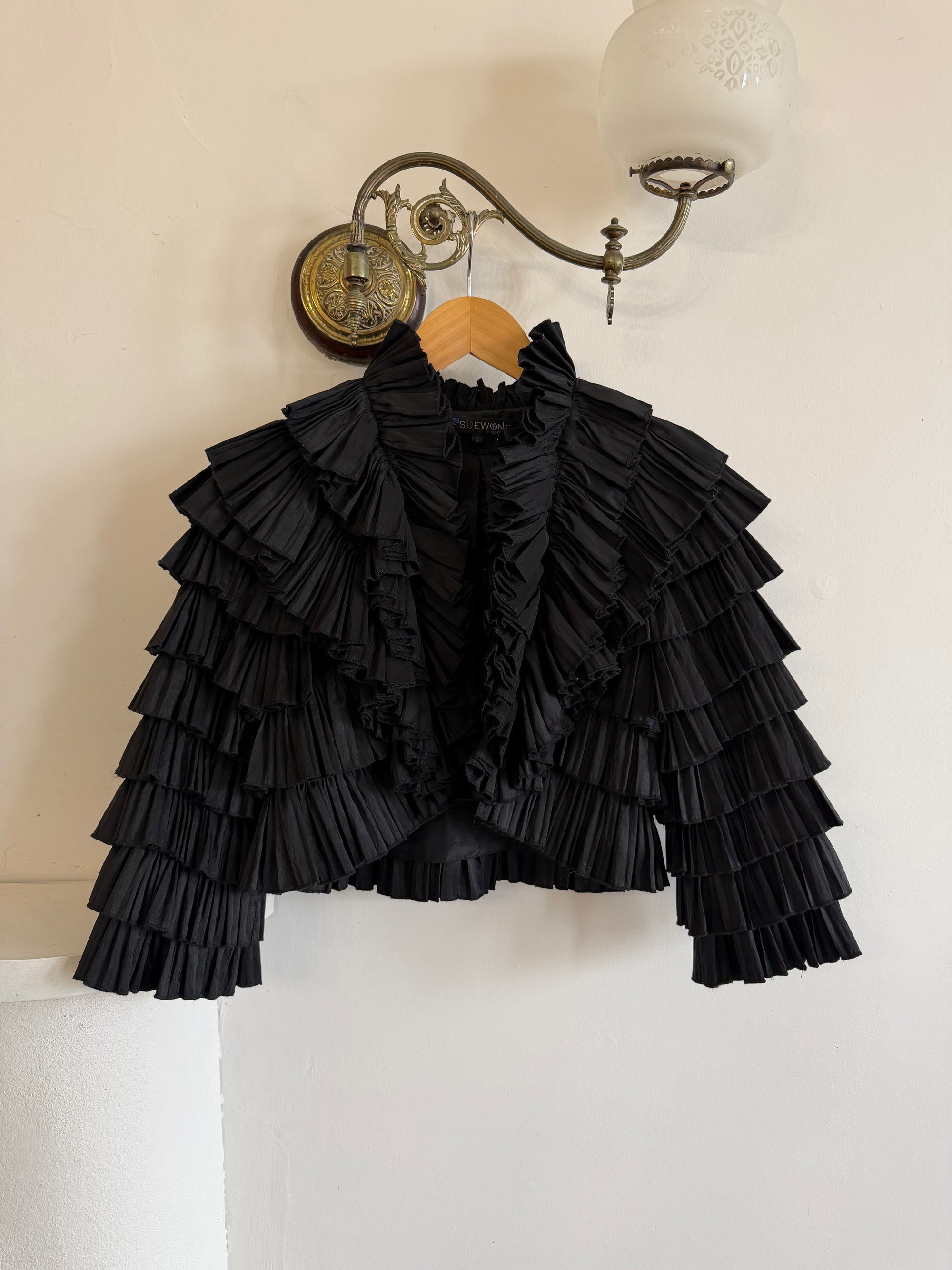 Vintage 90s Accordion Ruffle Frill Cropped Bolero Noir